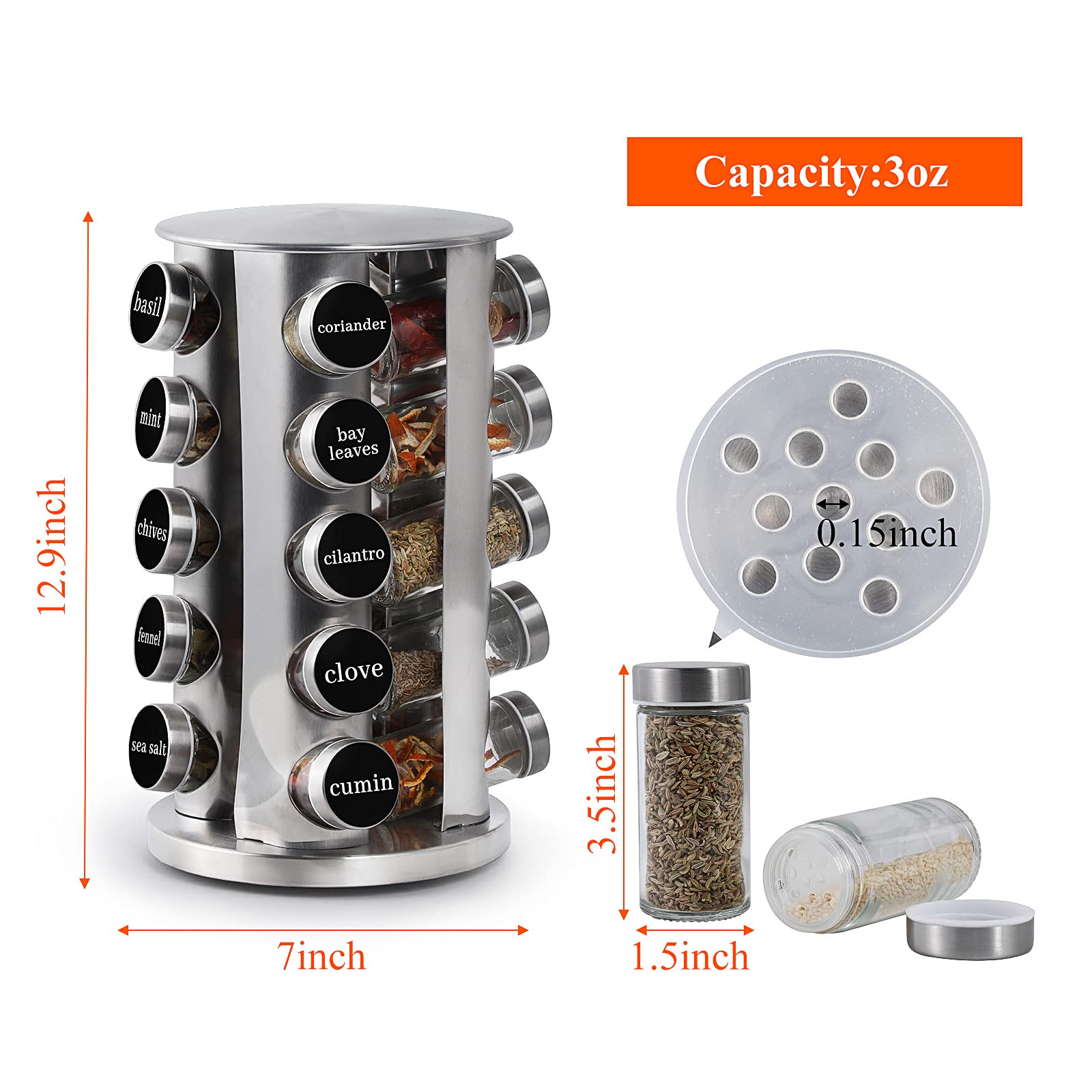 DOUBLE 2 C Revolving Spice Rack with 20 Jars, Rotating Spice Rack Organizer, Seasoning Organizer with Labels, Stainless Steel Sp