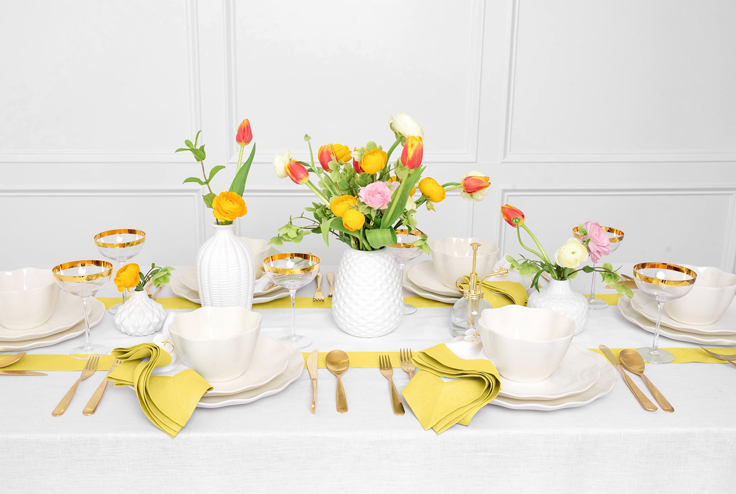 Solino Home Linen Table Runner 14 x 72 Inch - 100% Pure Linen Sunshine Yellow and White Table Runner for Spring  Summer  Dining - Contempo  Handcrafted from European Flax and Machine Washable