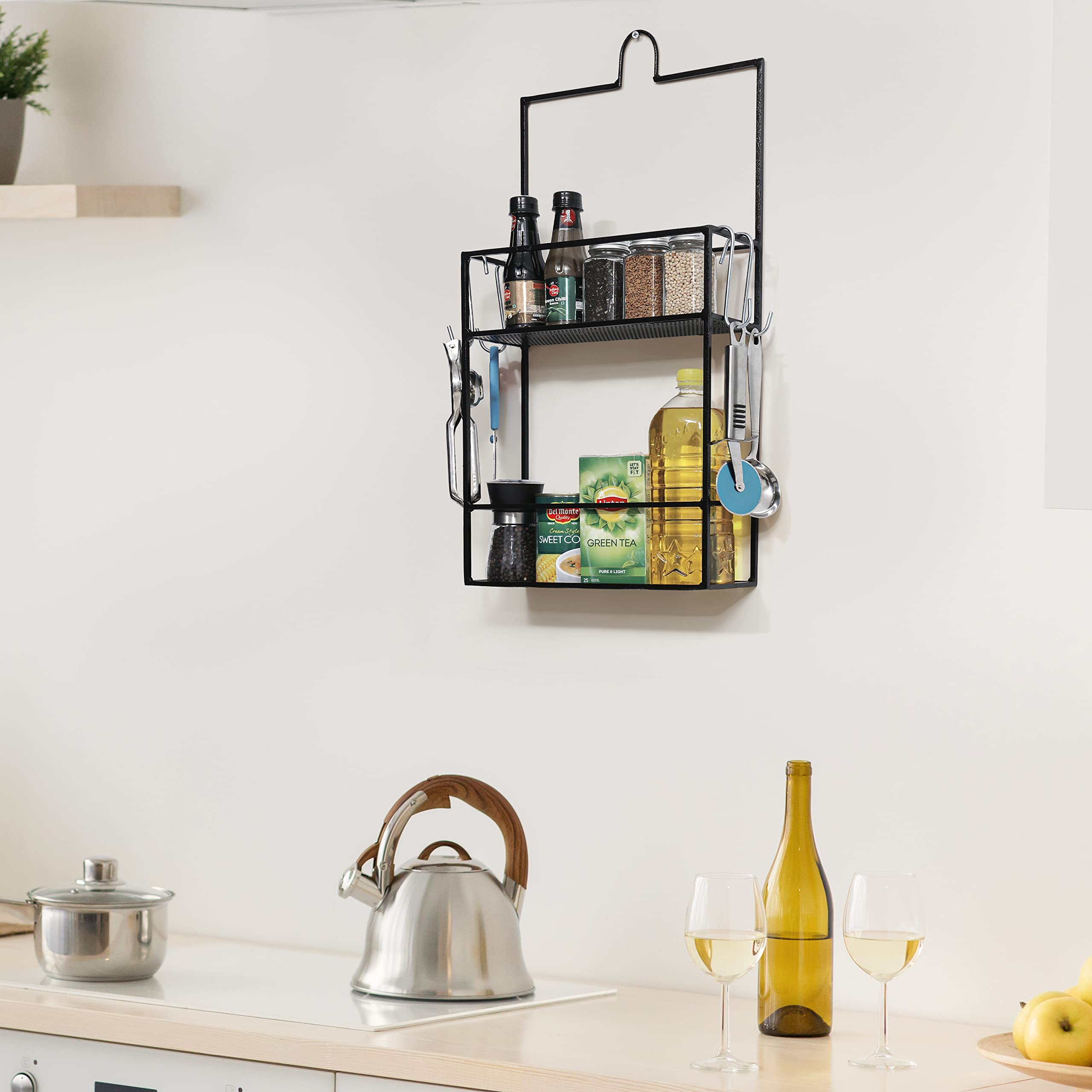Livzing 2Layered Cast Iron Wall Mounted Floating Shelf With 4 Removable Hooks | MultiPurpose Storage Rack For Kitchen, Bathroo
