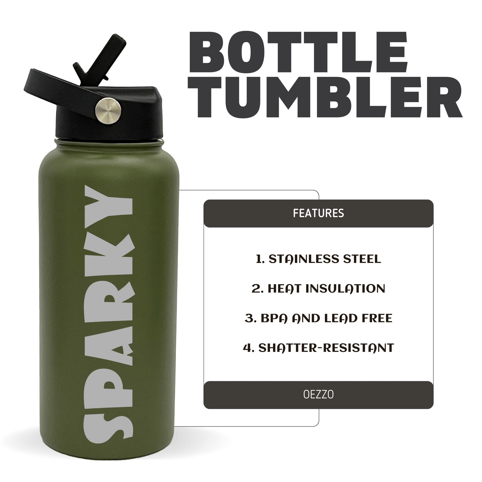 Oezzo Customized Tumblers, Army Green Double Wall Personalized Bottles With Flip Top Spout Lid, Laser Engraved Text For Special