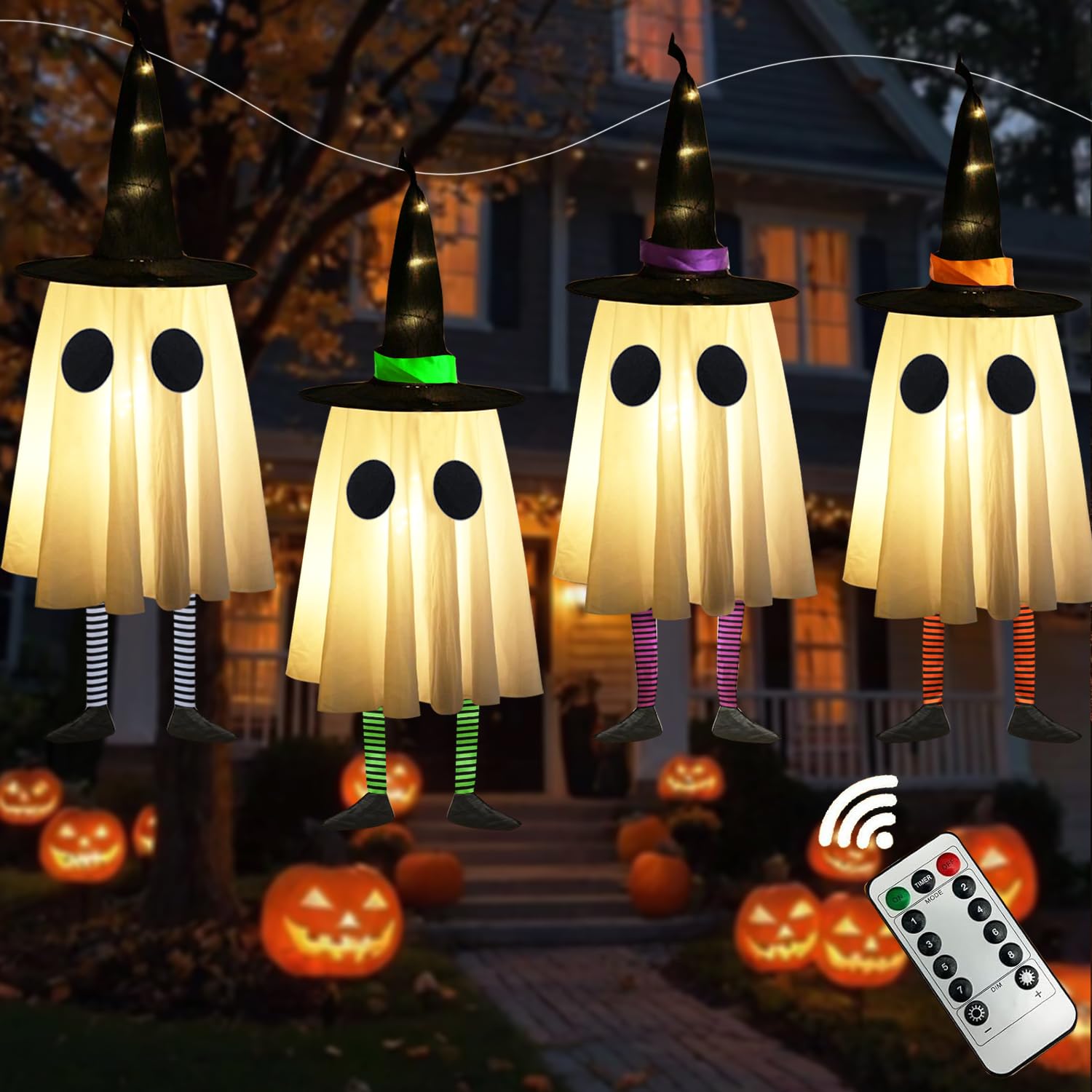 Set of 4 Halloween Hanging Ghosts, Halloween Decorations Outdoor Hanging Ghosts with Witch Hat,Glowing Ghost Witch Hat Lights, L