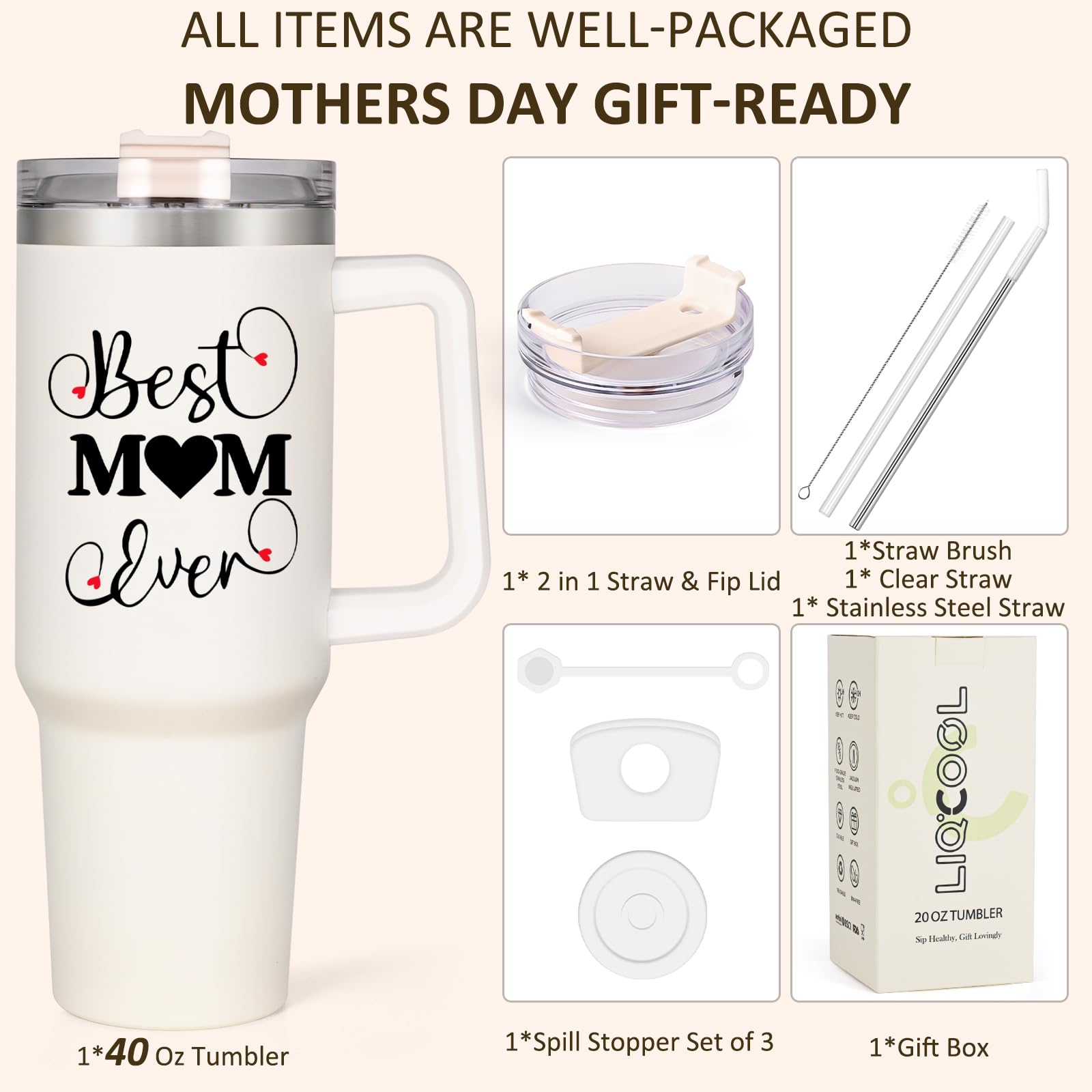 Liqcool Mom Birthday Gifts - 40 Oz Best Mom Ever Tumbler Gifts For Mom From Daughter Son, Unique Popular Birthday Gifts Ideas Fo