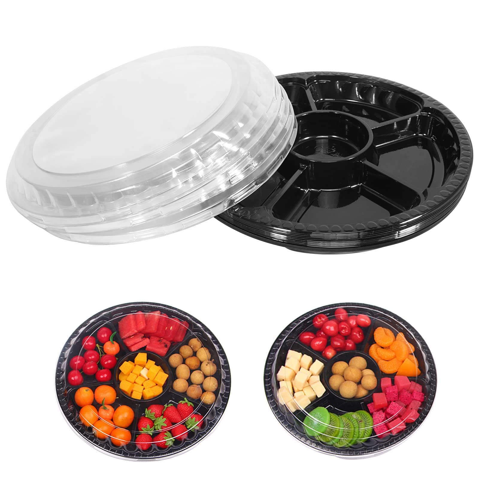 10 Pcs Round Plastic Appetizer Tray With Lid Divided Serving Tray, Disposable Food Storage Containers , Kids Snack, Fruit Platte