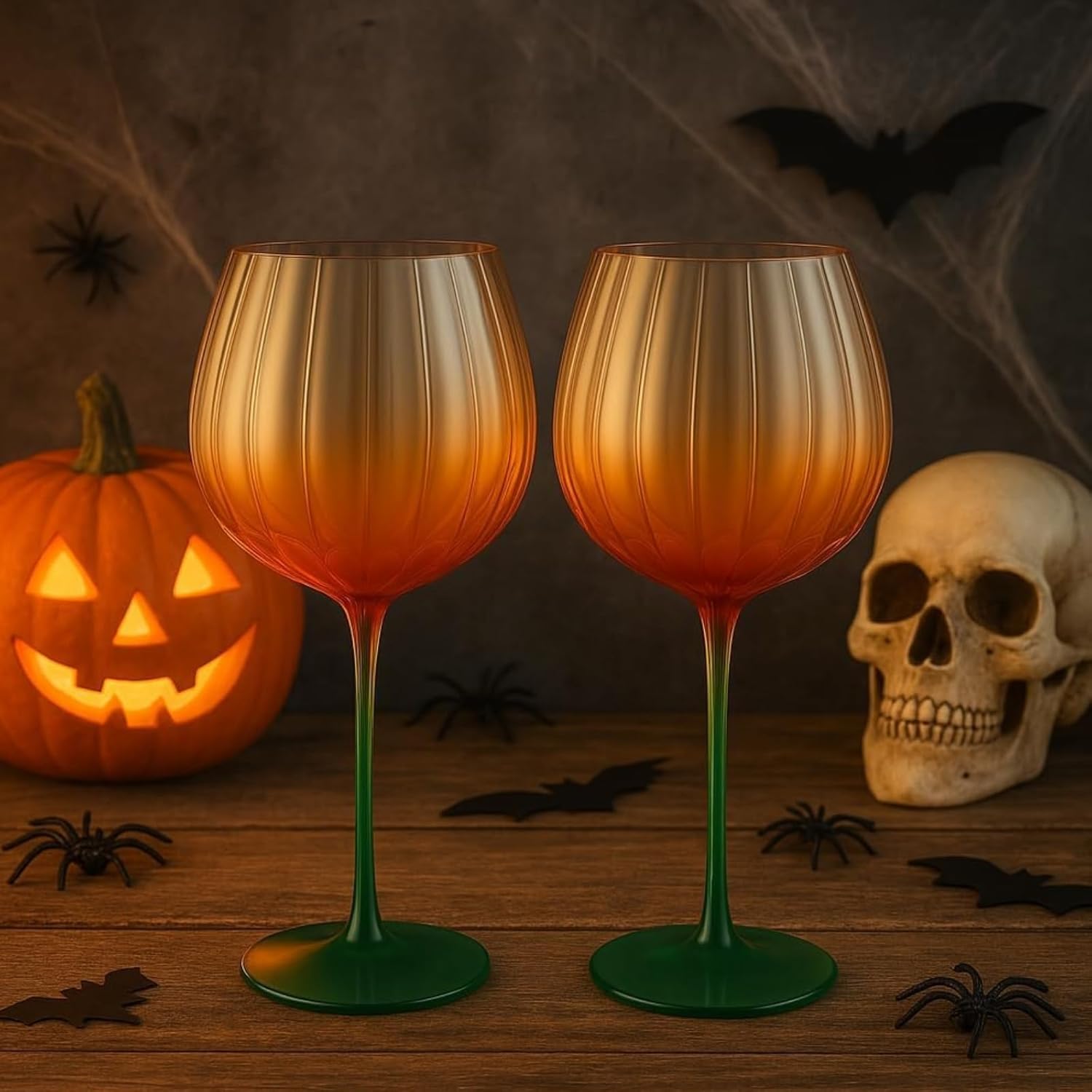 Khen Pumpkin Wine Glasses Fall Inspired Lightweight - Set of 2 Orange & Green