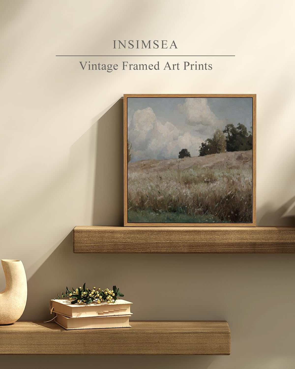 Insimsea Square Framed Canvas Wall Art, Vintage Scenery Farmhouse Vast Field Grassland Wall Art Decor, Classical Nature Painting