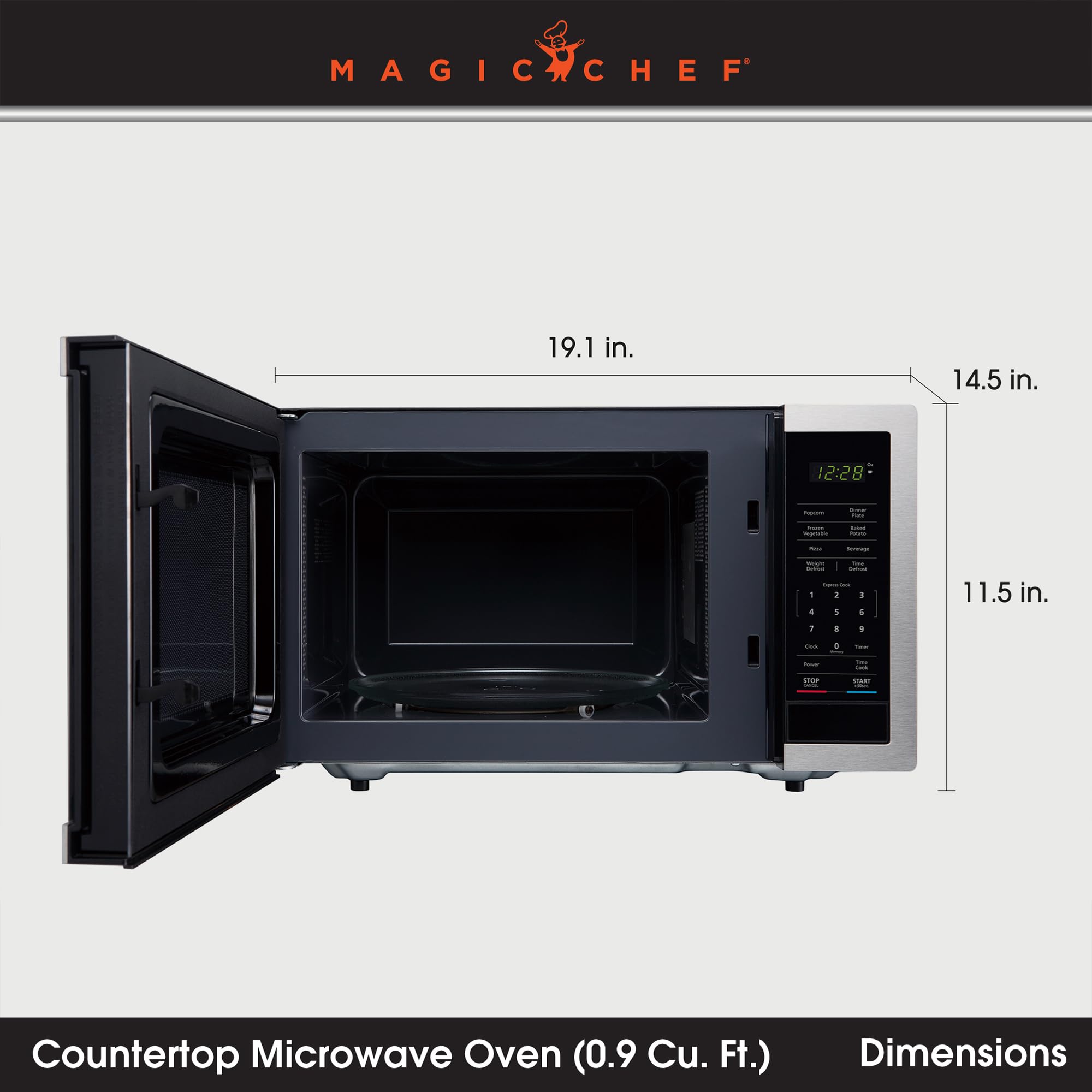 Magic Chef 900 Watts 0.9 Cubic Feet Small Countertop Microwave Oven For Compact Spaces With 6 Pre Programmed Cooking Modes, Stai