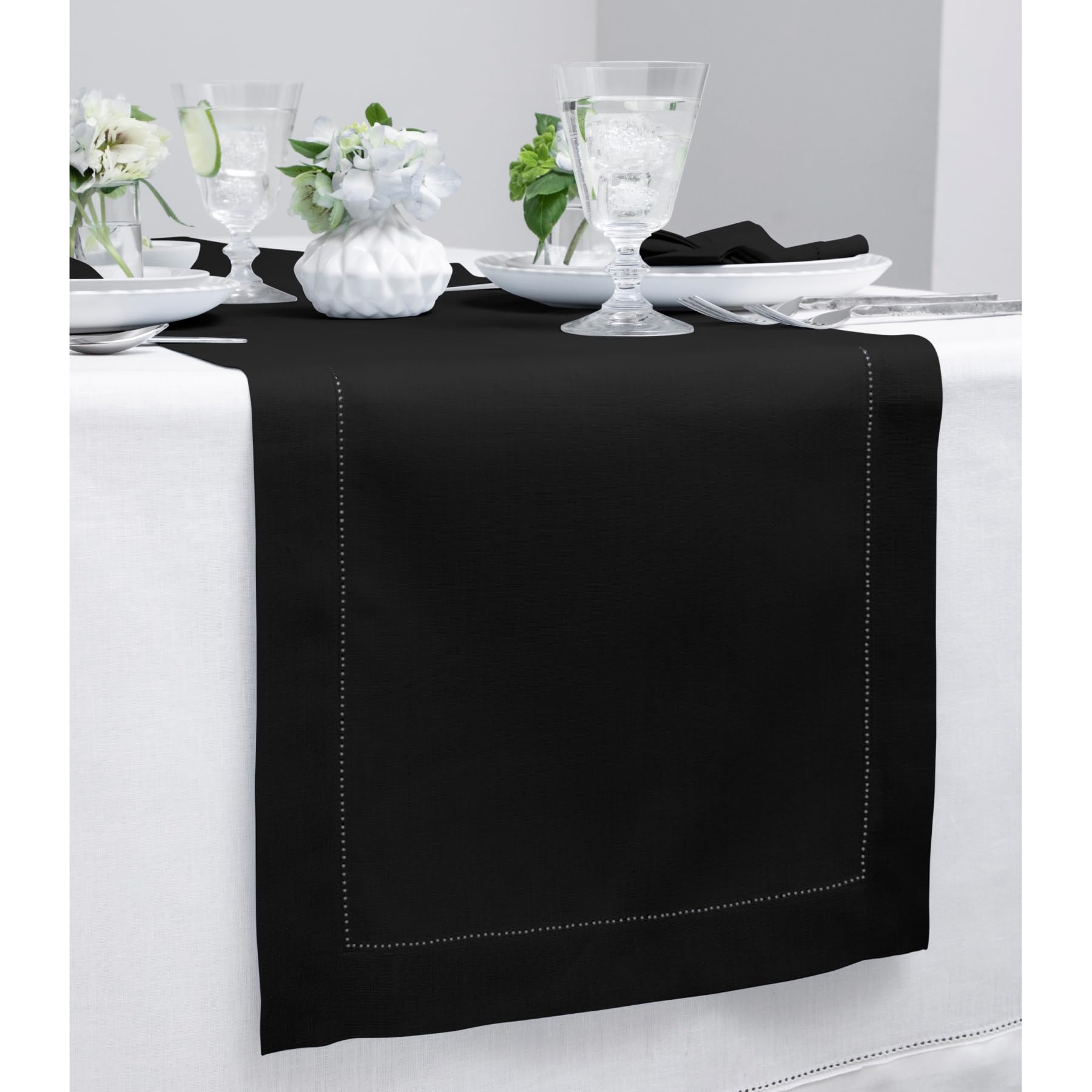 Solino Home Linen Black Table Runner 132 Inches Long - 100% Pure Linen Classic Hemstitch Dining Table Runner 14 X 132 Inch Ideal
