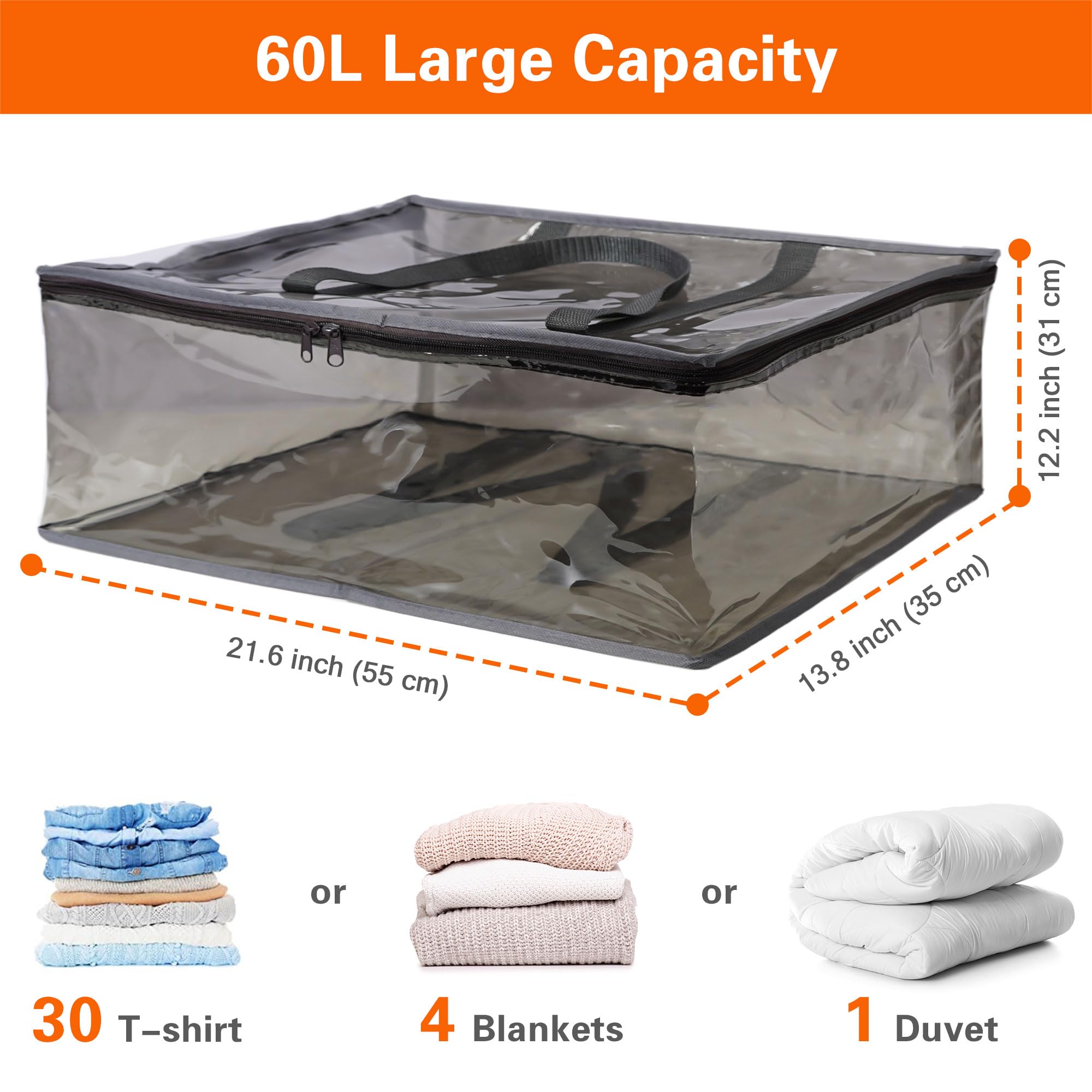 Vieshful 60L Clear Clothes Storage Bag with Zipper 3 Pack Colorful Clothes Organizer Vinyl Storage Bag for Comforter, Blanket, B