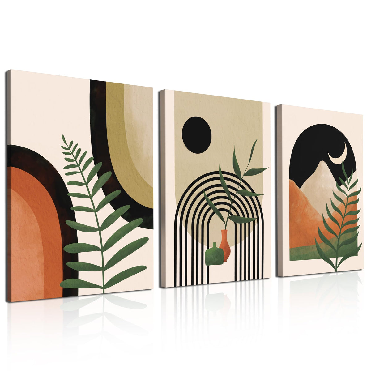Boho Wall Art Painting Set Of 3, Mid Century Modern Wall Art, Boho Room Decor, Neutral Abstract Geometric Prints Black Beige Bot