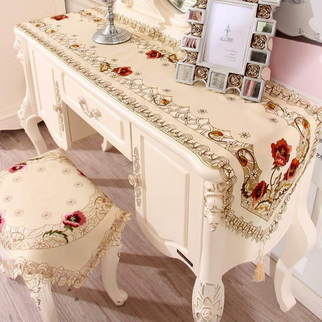 Lelehome 58 Inch X 86 Inch Oblong Tablecloth Rufous Red Rose Flower Embroidered, Classic Lace Cream Beige Table Cloth Cover For