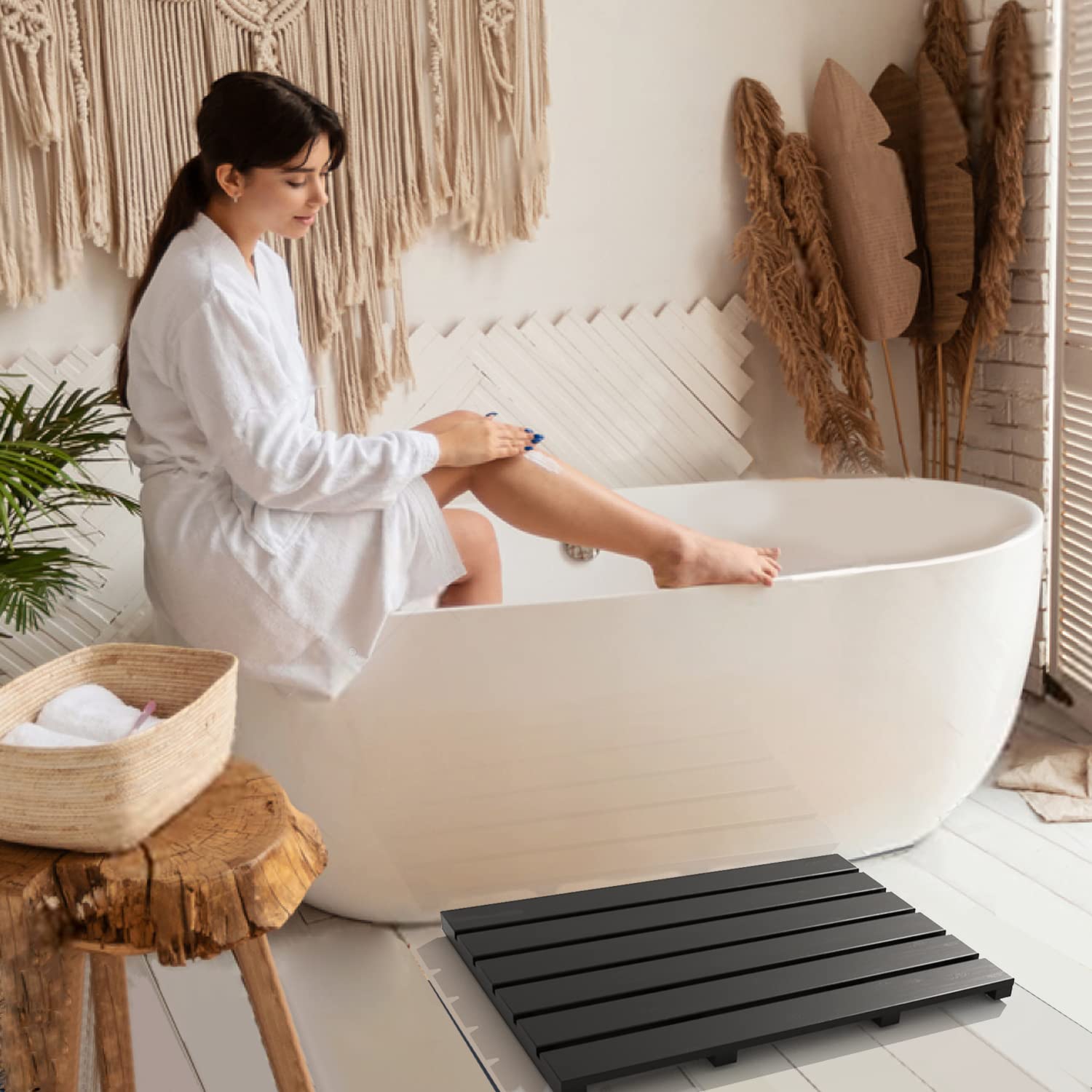 Bath Mat For Bathroom Luxury Shower - Non-Slip Bamboo Wooden Waterproof Floor Mat For Indoor Or Outdoor Use(Black)