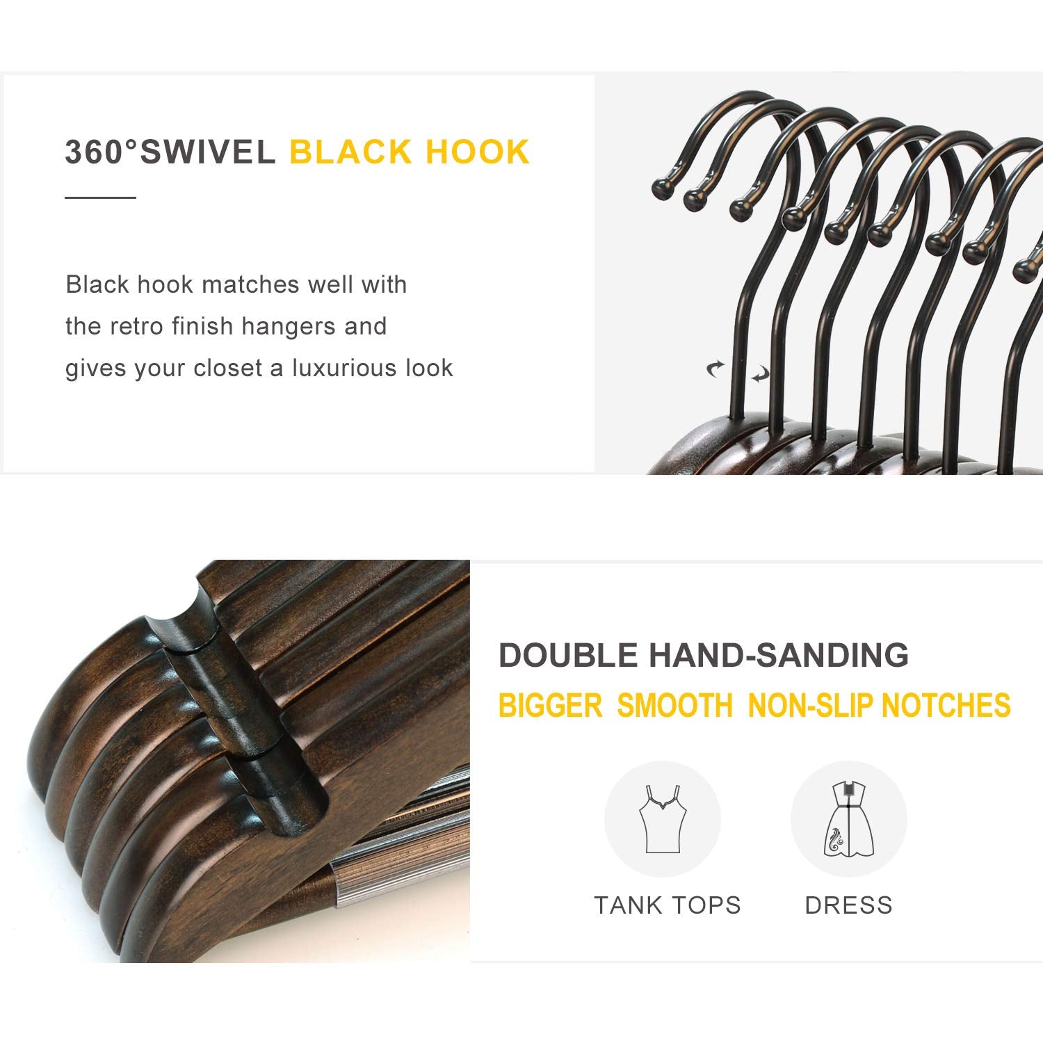 Topia Hanger Heavy Duty Wood Coat Hangers In Smooth Retro Finish, Boutique Quality Wooden Suit Hangers-Thicker Non-Slip Rubber P