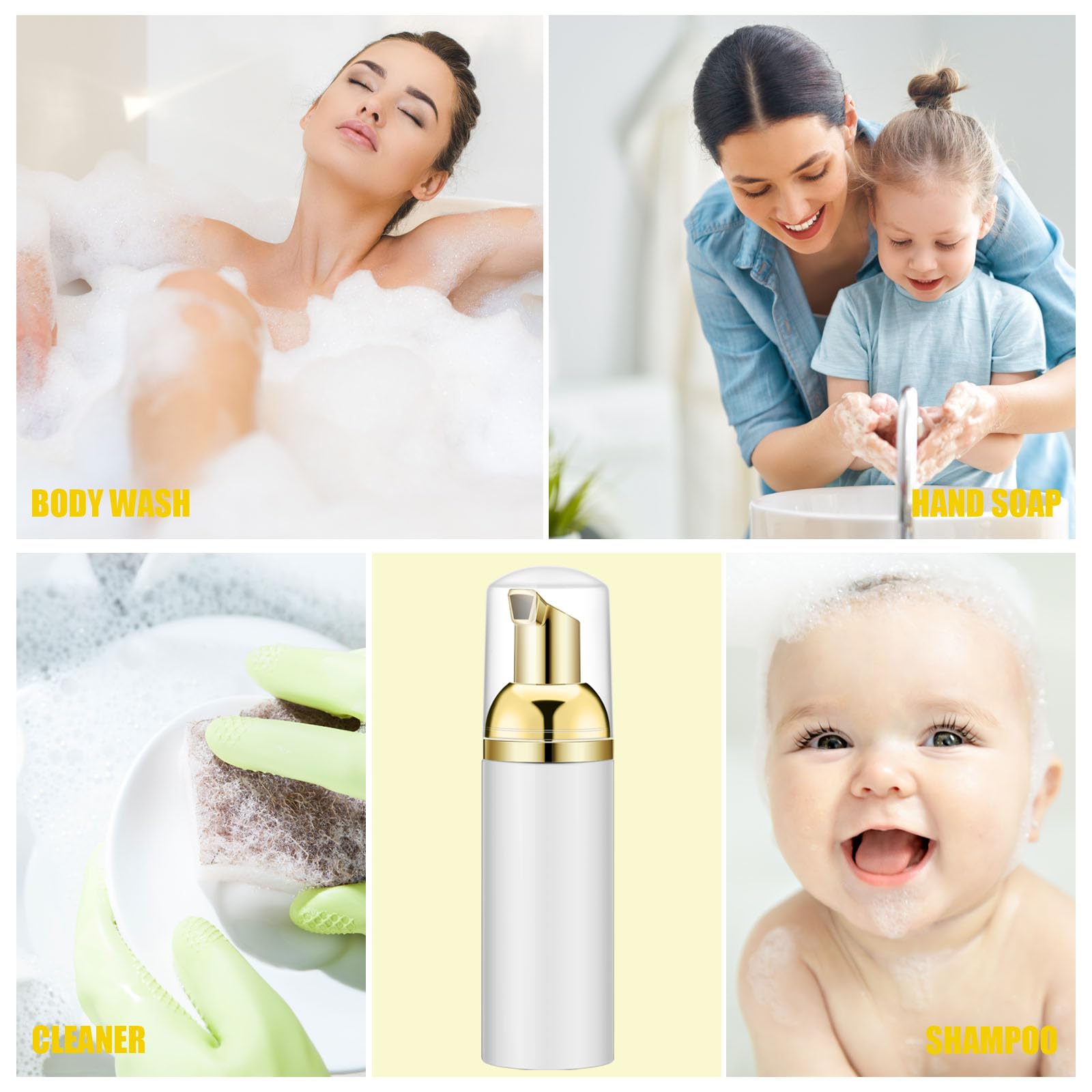 Lil Ray 100Pcs White Foam Bottle With Gold Pump, Empty Travel Foaming Dispensers For Hand Soap,Lash Shampoo(2 Oz)
