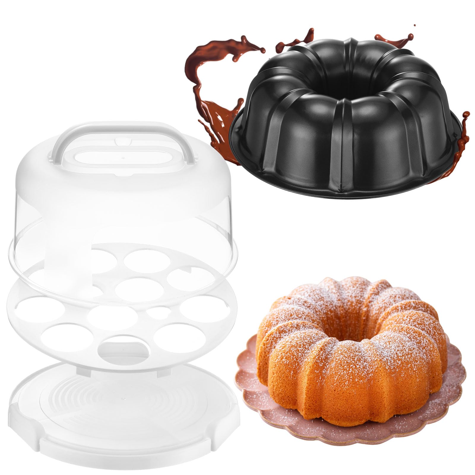 Blushtier 10 Inch Cake Pan Nonstick with 12 Inch Cake Carrier Container for Easy Transportation Carbon Steel Fluted Tube Round B