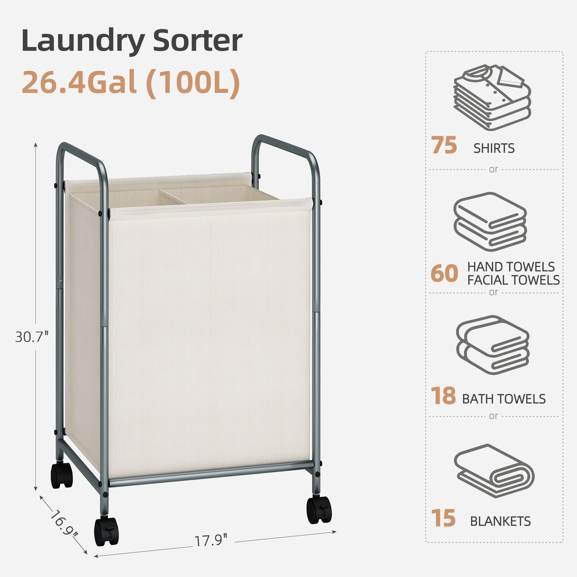 Storage Maniac Laundry Hamper, 100L Laundry Basket With Lockable Wheels, Rolling Laundry Sorter Cart, Laundry Separator Hamper,