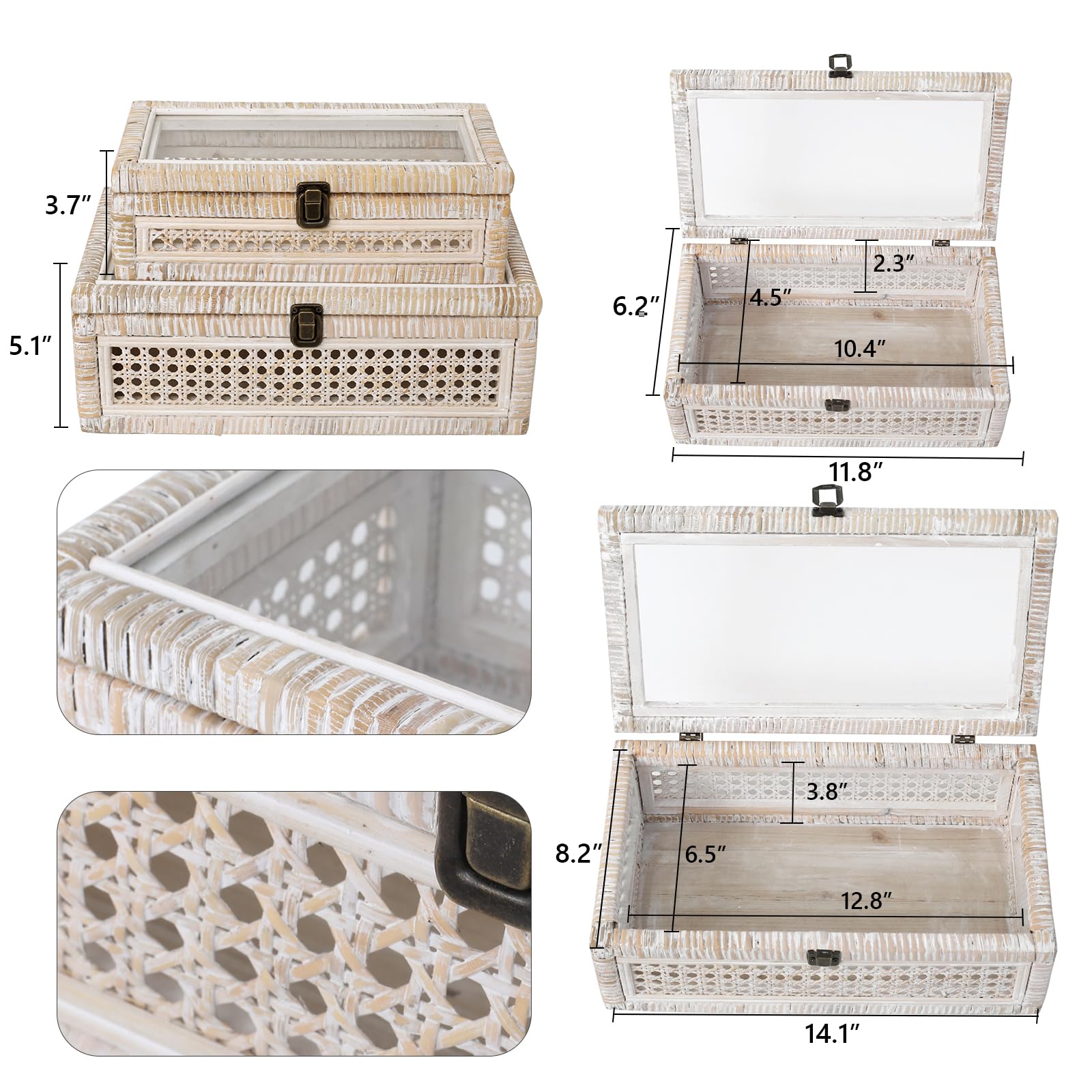 DECOR4SEASON Rattan and Cane Stacking Boxes with Glass Top Lid - Set of 2 11.8 and 14.1, for Boho and Rustic Farmhouse Decor, Wh