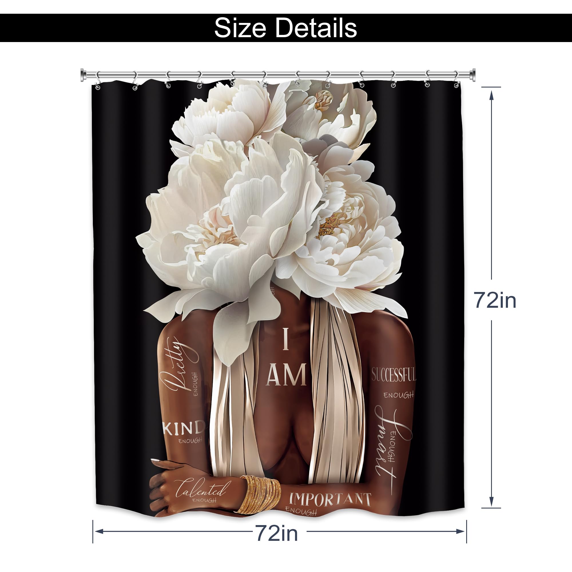 Meshelly African American Shower Curtain 72Wx72H Black Girl Vintage Floral Woman Queen Curtain For Bathroom Bathtub Peony Rose Q