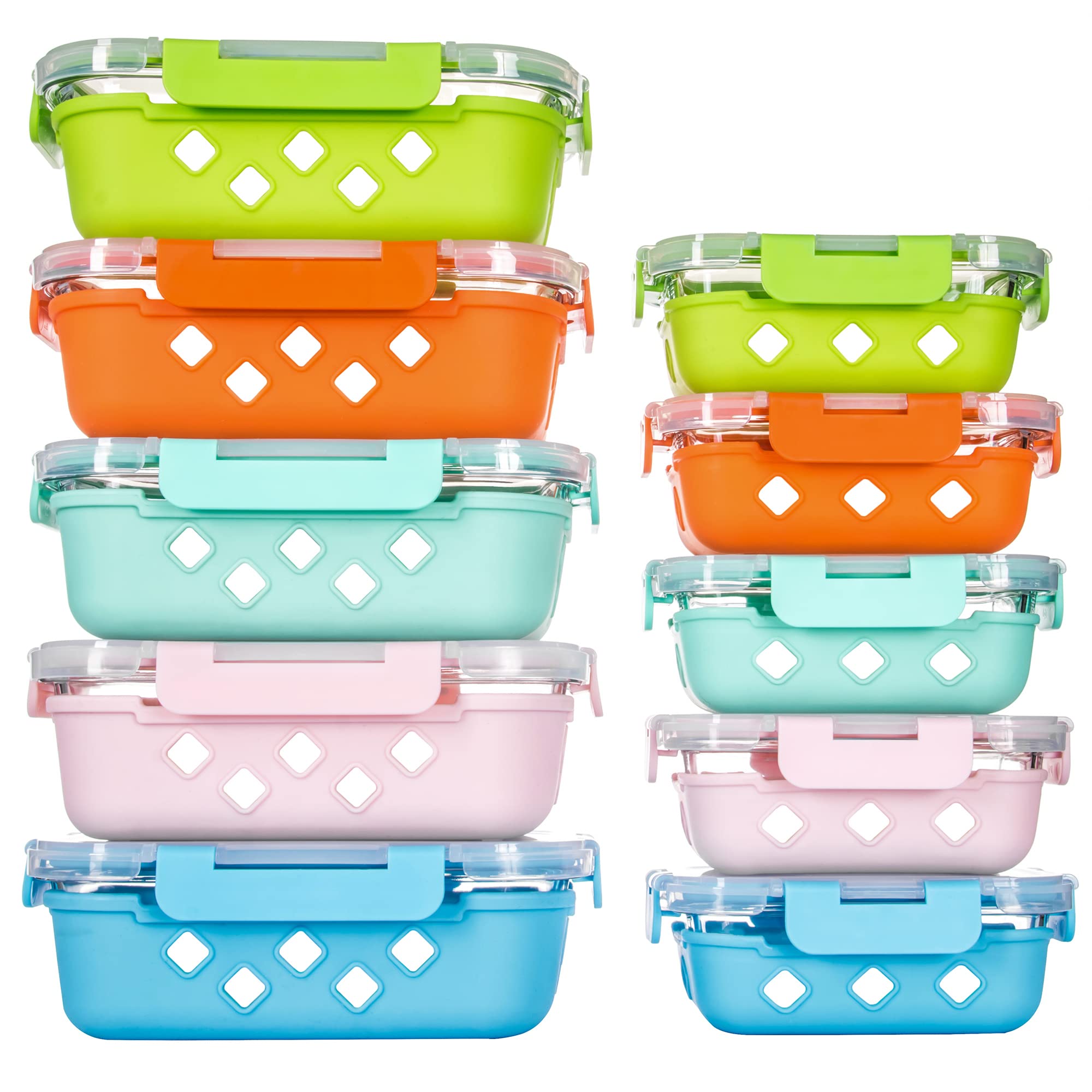 YARYOUNG 10 Pack Glass Meal Prep Containers with Removable Silicone Sleeves,Food Storage Container Set with Airtight Lids (34oz+