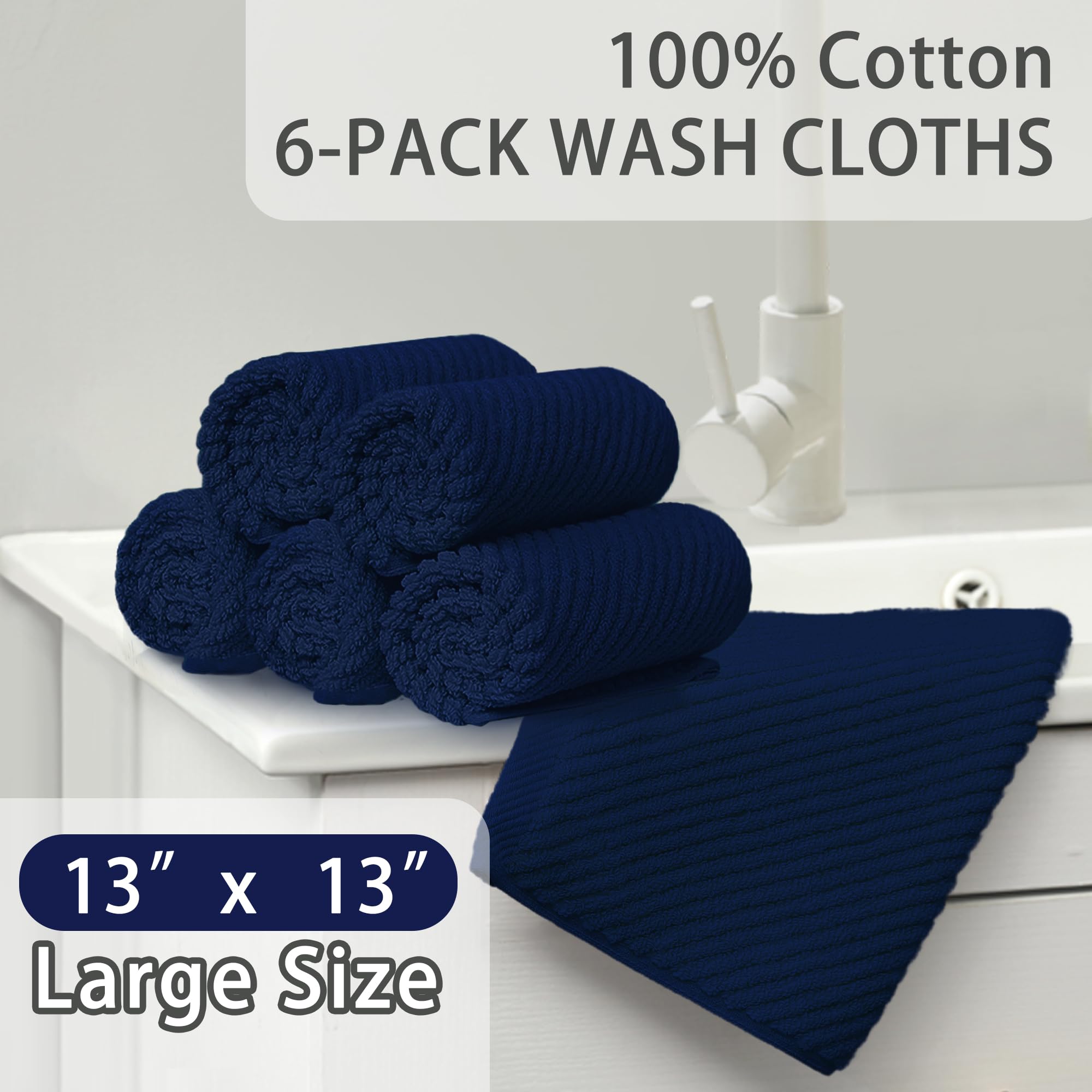 Wash Cloths For Your Face (13''X13'') - 100% Cotton | Lightweight | Thick | Quick Dry | Soft | Absorbent, Hand Towels 6 Pack, Wa