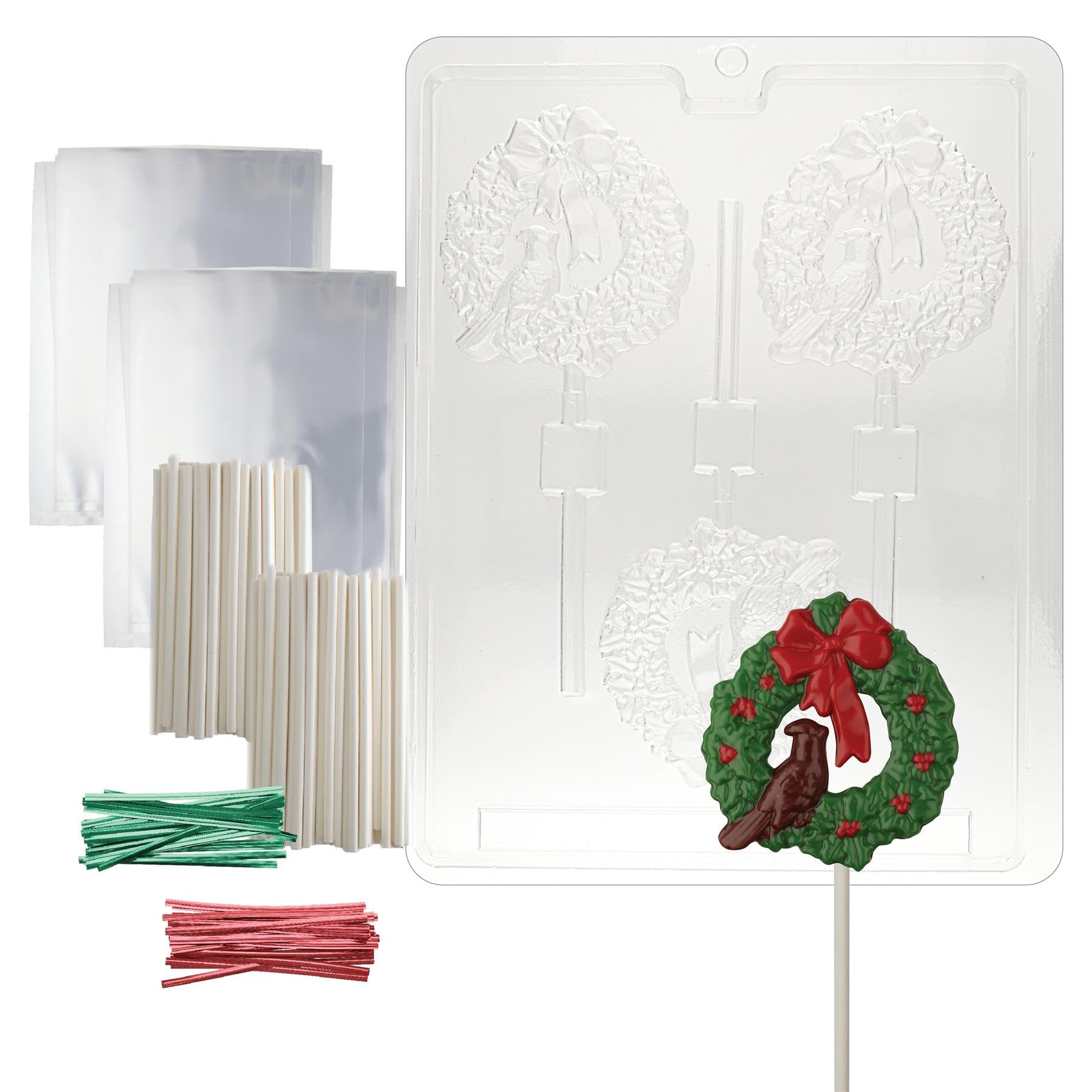 Wreath With Cardinal Christmas Chocolate Mold W/Lollipop Supply Kit (50 Lollipop Sticks, 50 Cello Bags, 25 Red & 25 Green Twist
