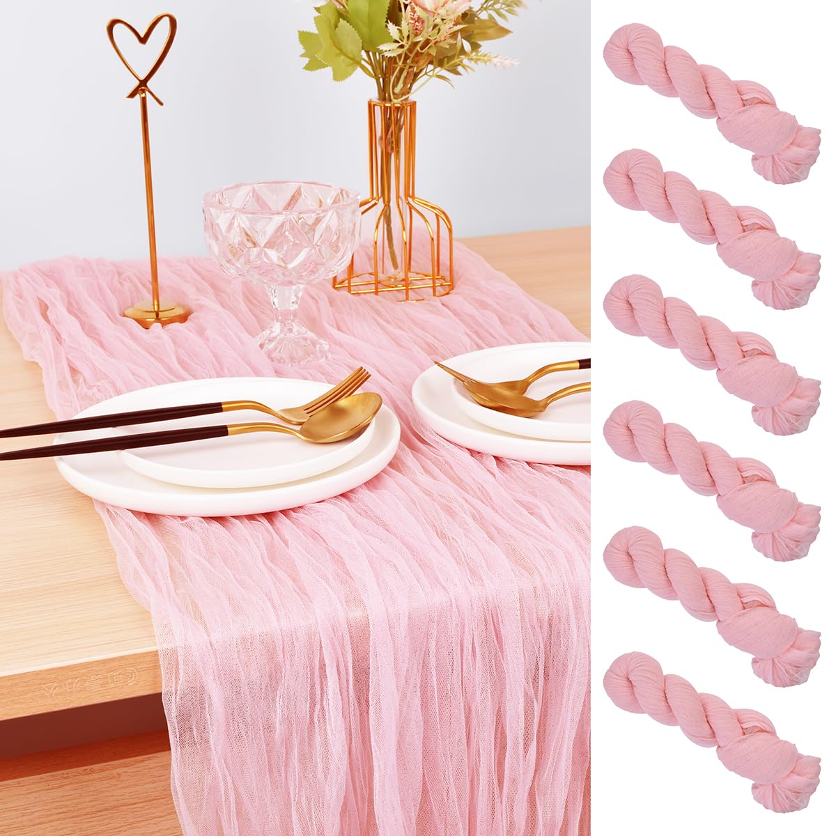 Joanlody Blushing Pink Cheesecloth Table Runner 10Ft Rustic Gauze Cheese Cloth Table Runner Boho Fall Thanksgiving Table Runner