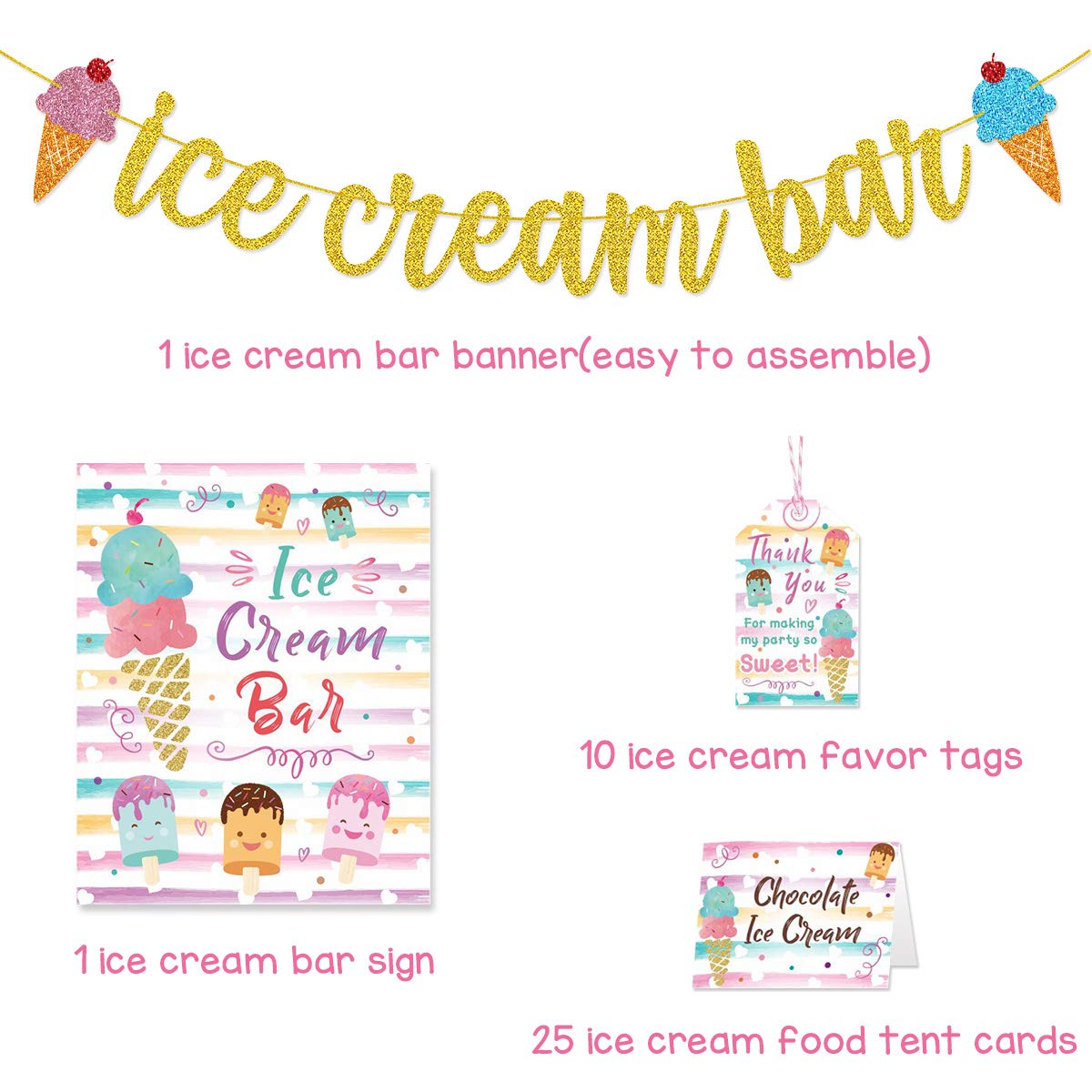 Ice Cream Bar Decorations Kit Gold Glitter Banner Ice Cream Sundae Bar Table Sign Food Tents Labels Thank You Cards Tags For Sum