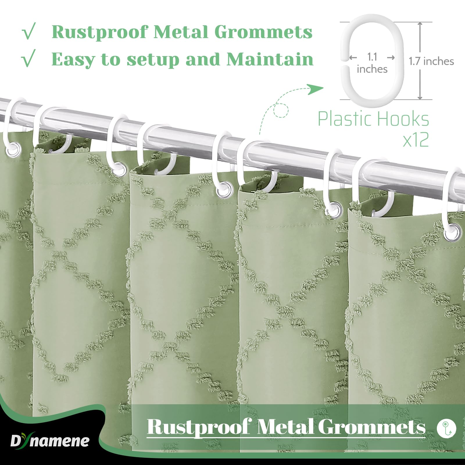 Dynamene Sage Green Fabric Shower Curtain, Boho Tufted Geometric, 72x72, Waterproof, Wrinkle Free, Modern Farmhouse Style