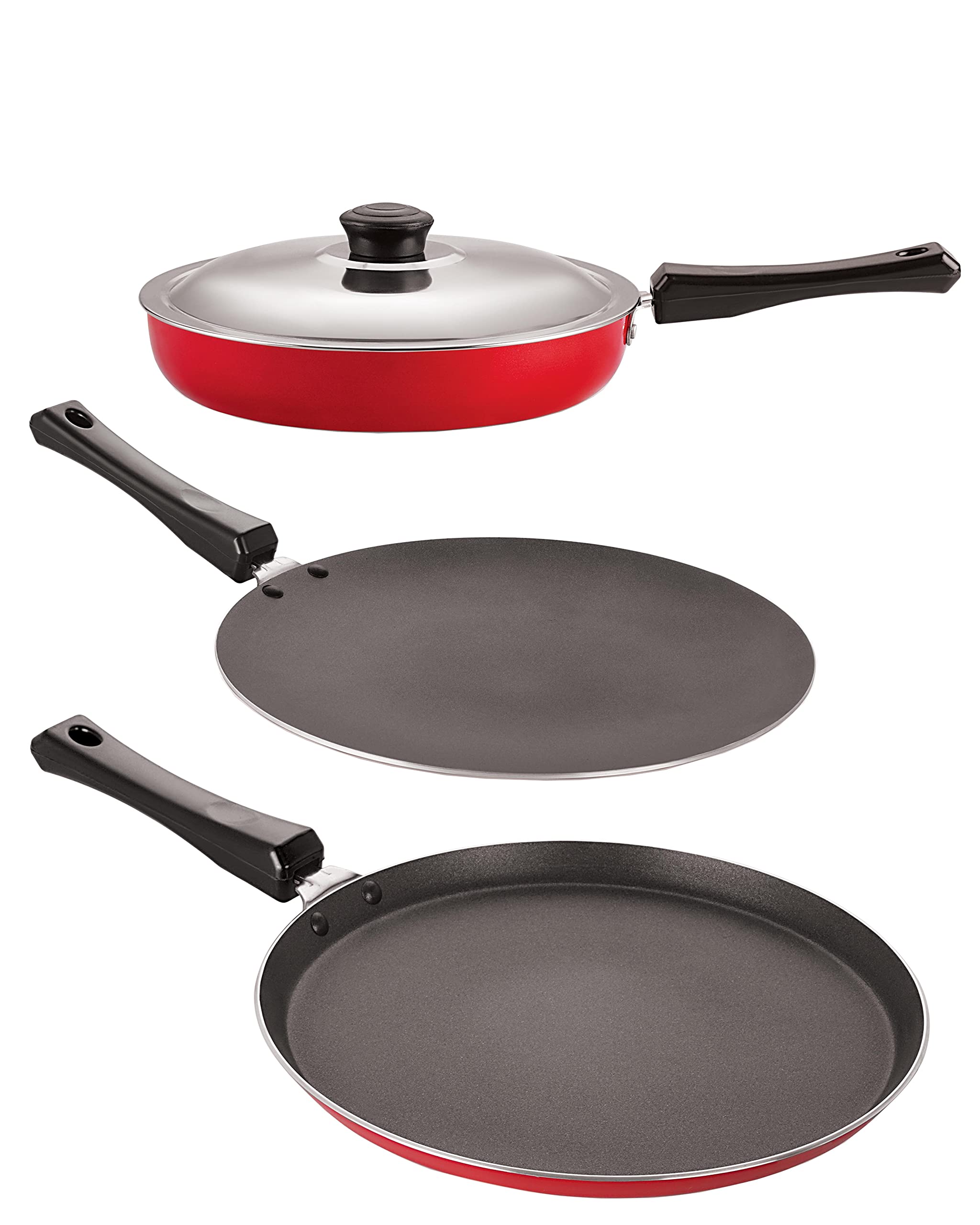 3 Piece Set Of NonStick Flat Dosa Tawa 27.5Cm, Chappati Tawa 28.5Cm, Fry Pan 2.25L With Stainless Steel Lid, Combo Offer Kitche