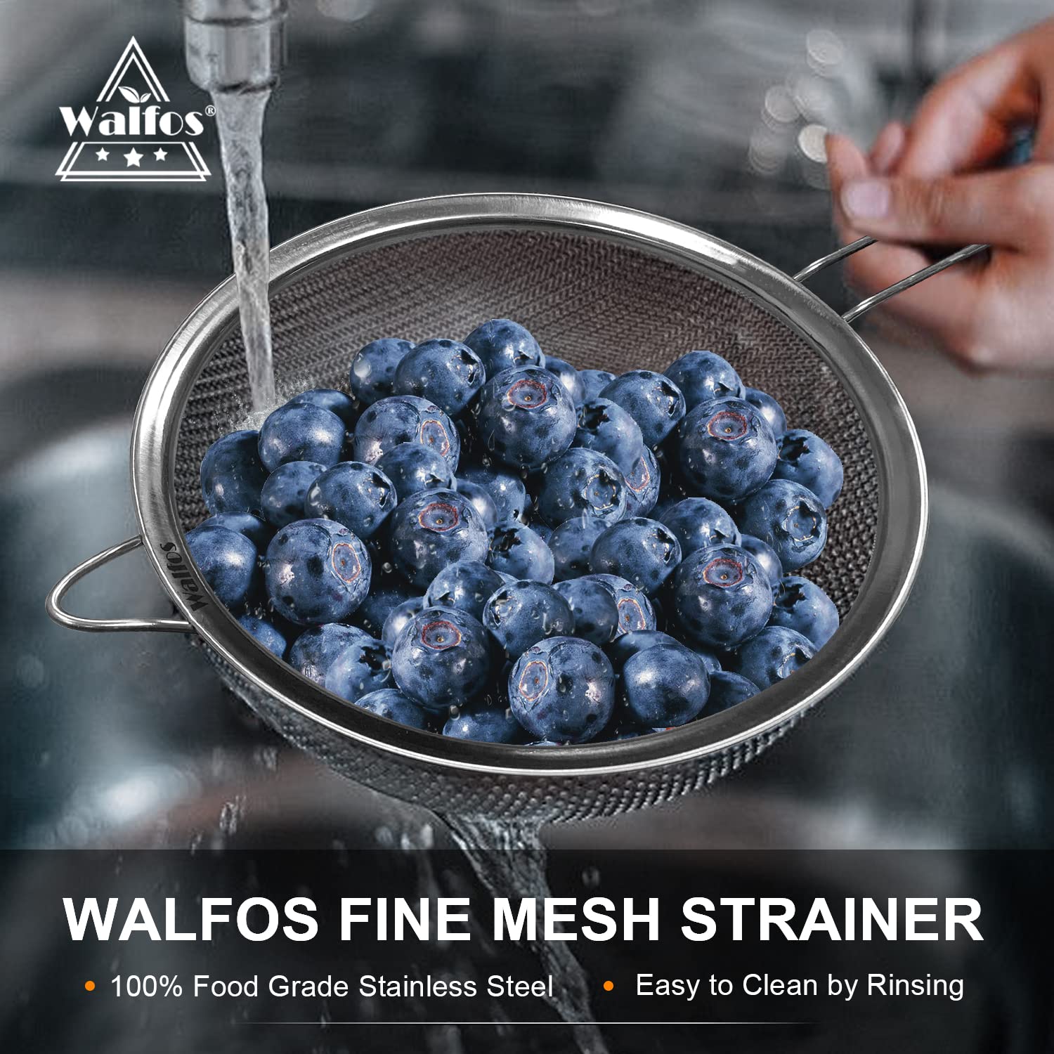 Walfos Fine Mesh Strainers Set, Premium Stainless Steel Colanders And Sifters, With Reinforced Frame Sturdy Handle, Perfect For