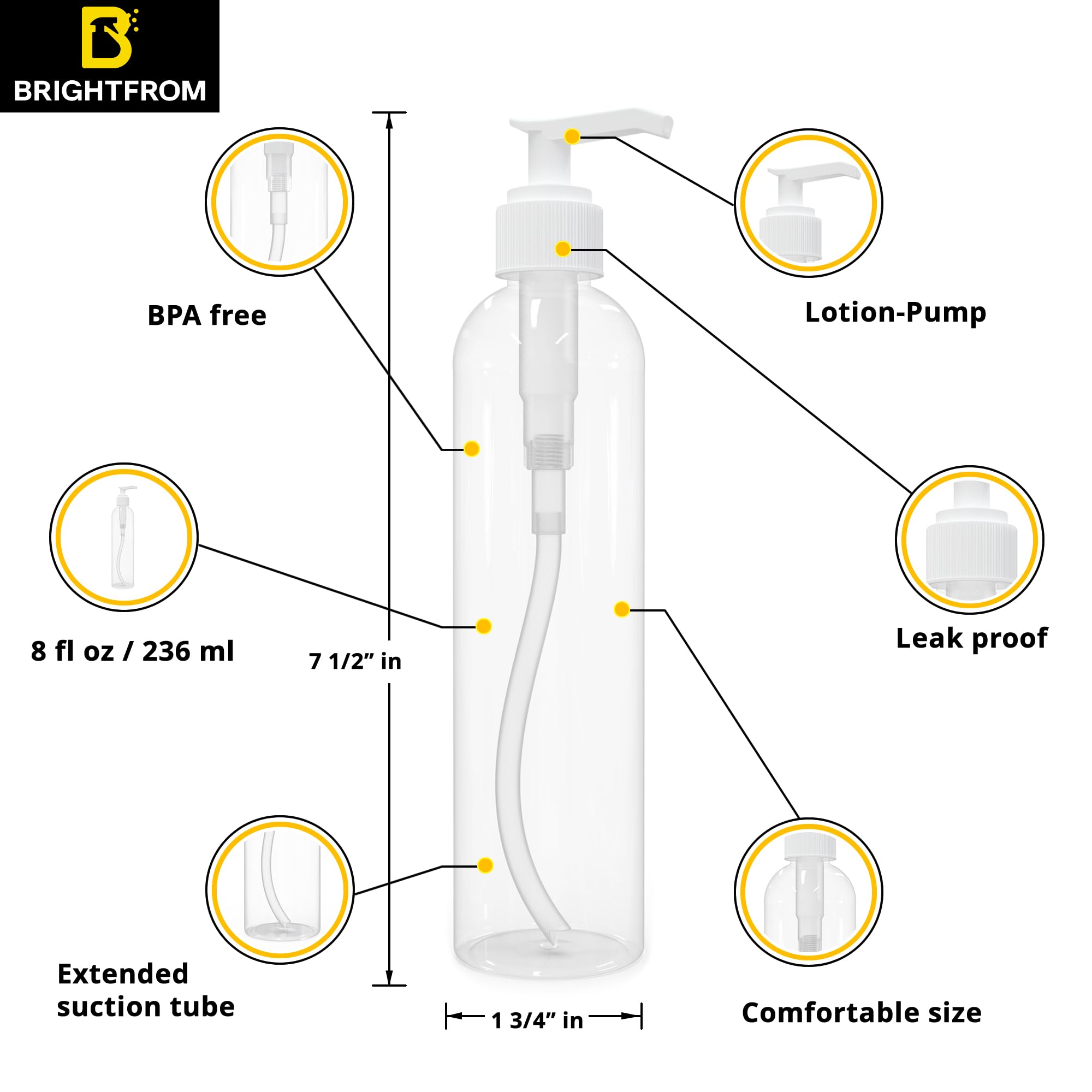 Brightfrom Lotion Pump Bottles, Empty 8 Oz, Bpa-Free, Pet Refillable Plastic Containers, Clear With White Dispenser For - Soap,