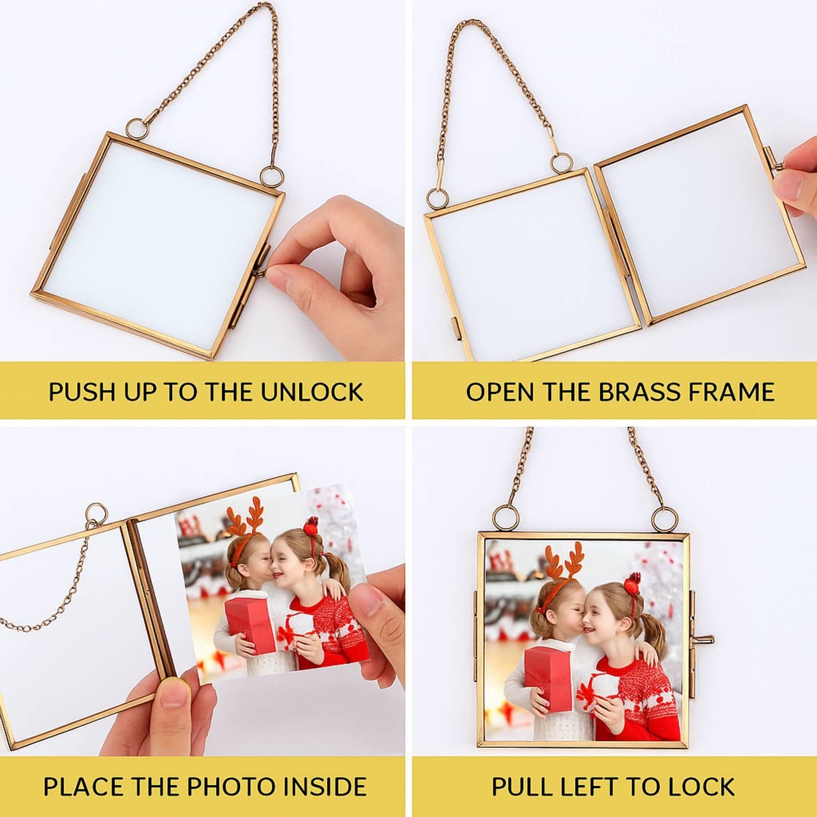 Qunclay 6 Pcs 2x3    3x2    Christmas Brass Picture Frame Ornaments Xmas Metal Double Glass Hanging Photo Frame with Metal Chain