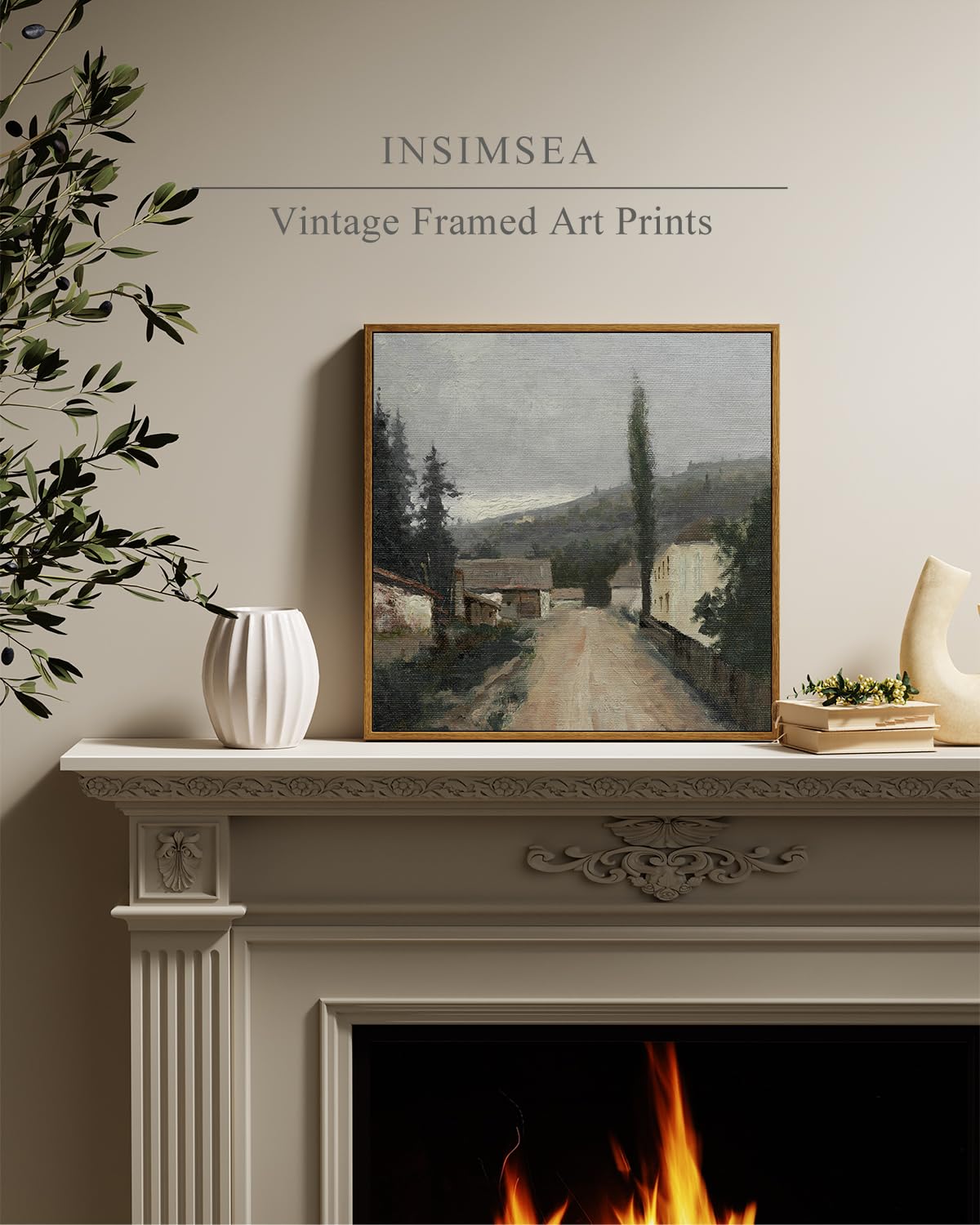 Insimsea Square Framed Canvas Wall Art, Vintage Village Paintings, Rustic Scenery Wall Pictures For Bedroom Bathroom Living Room