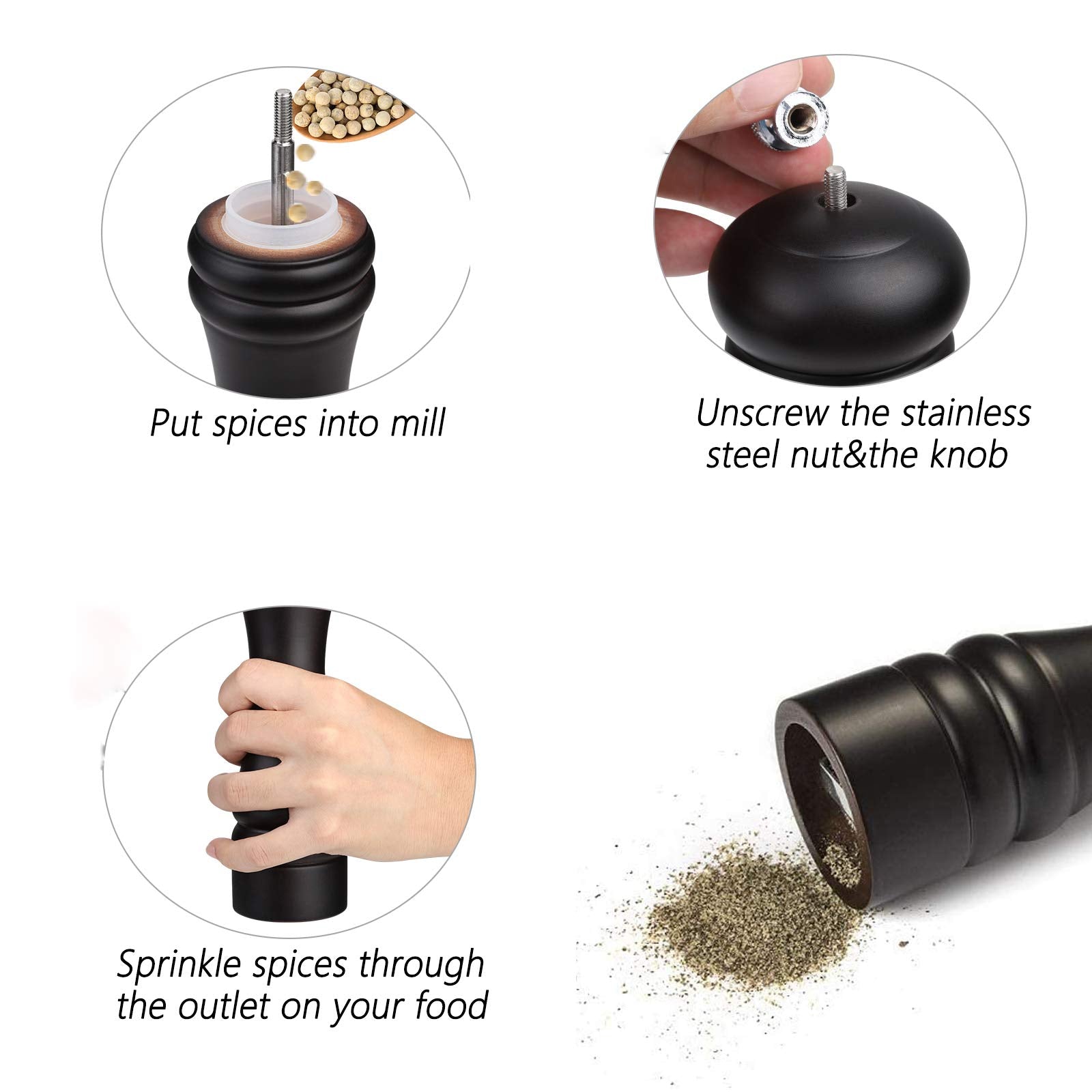 Joidxir Pepper Mill Black 12 Inch Tall Large Pepper Grinder Mill Wood Refillable Stainless Steel Metal Mechanism Adjustable Coar