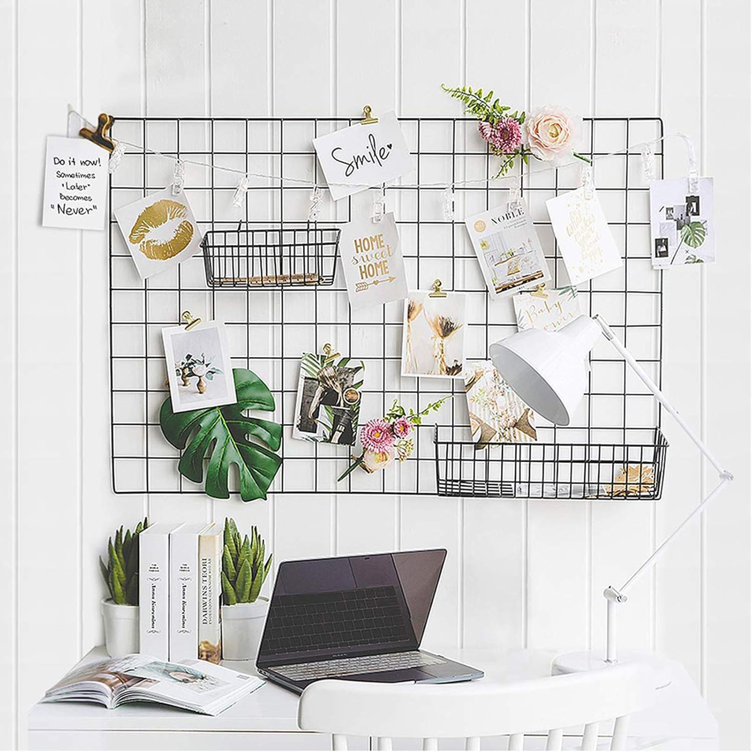 Creativebuzz Steel Grid Photo Frame For Wall With 10 Wooden Deginer Clips | Diy Metal Wire Grid Wall Organizer | Aesthetic Photo