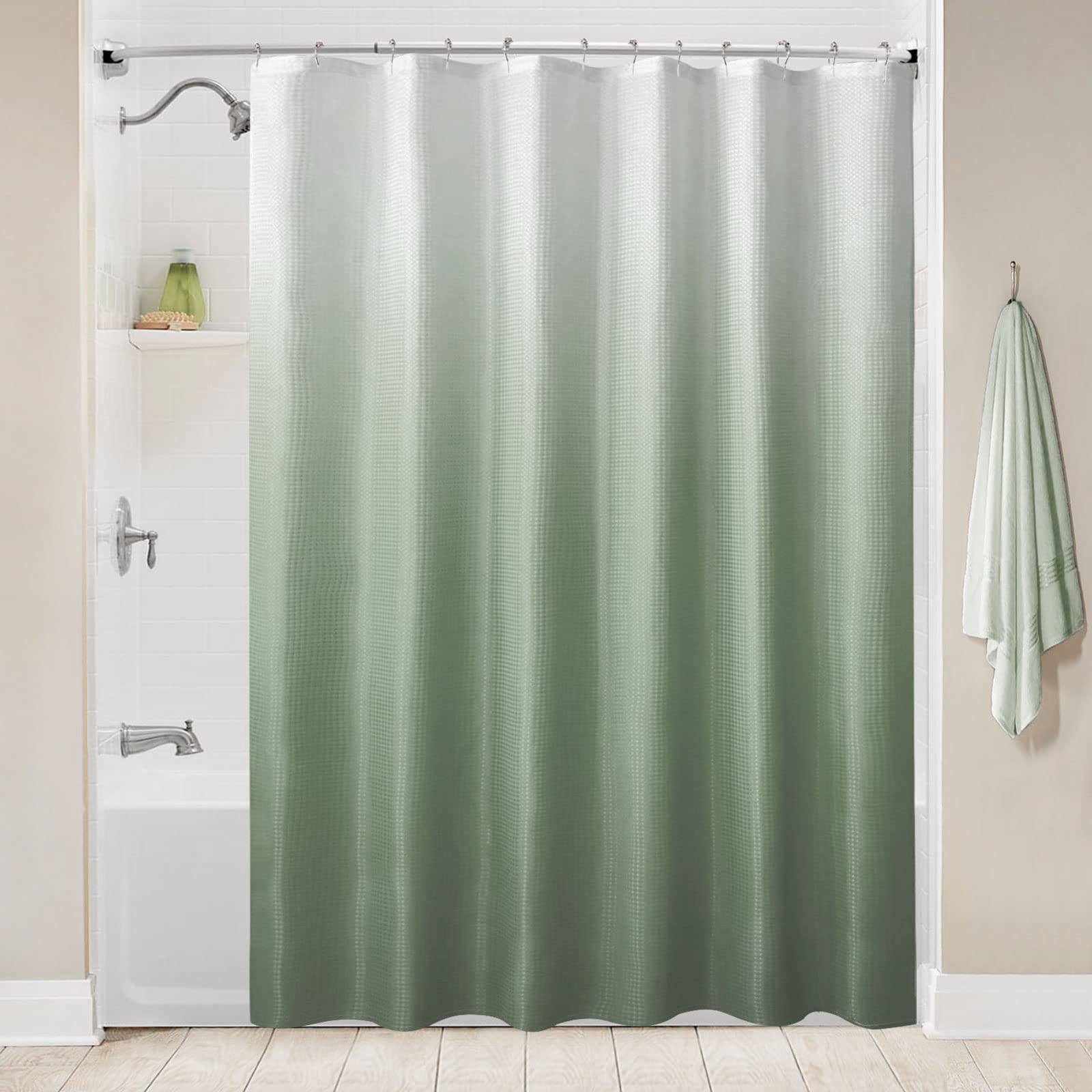BBiggood Sage Green Shower Curtain with Hook  Ombre Waffle Weave Fabric  Green and White Gradient Fabric Bathroom Decor Shower Set  Washable  72''x72''