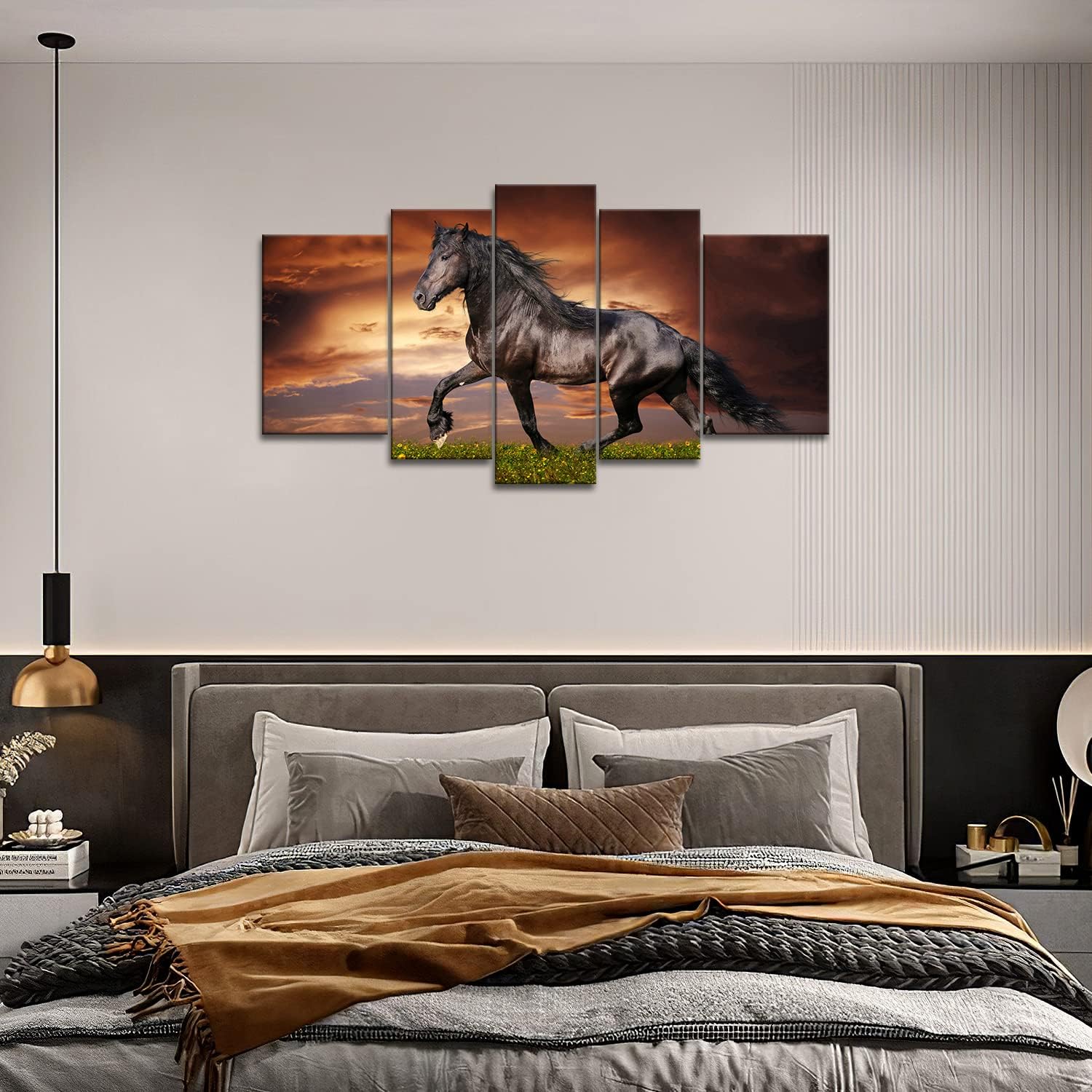 5 Panel Wall Art Black Friesian Running Horse Trot On The Field On Sunset Grass and Flower Painting Pictures Print On Canvas Animal The Picture for Home Modern Decoration Piece (A)