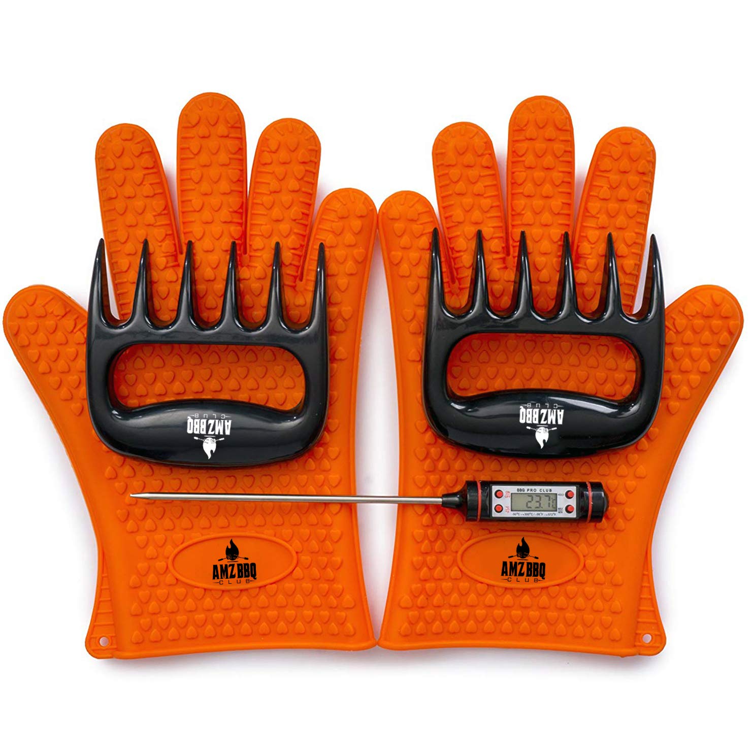 AMZ BBQ CLUB - Meat Claws Bbq Grill Accessories Set - 2 Silicone Gloves  Claws For Pulled Pork  BBQ Thermometer - Perfect Smoker Accessories Grilling Tools Gift Set For (Orange Glove-Thermometer-Claw)