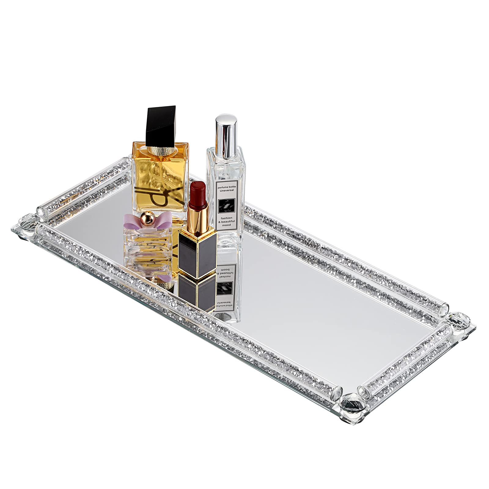 Juxyes Crushed Diamond Cosmetic Makeup Tray Sparkle Mirrored Vanity Tray, Heavy Decorative Jewelry Trinket Countertop Mirrored D