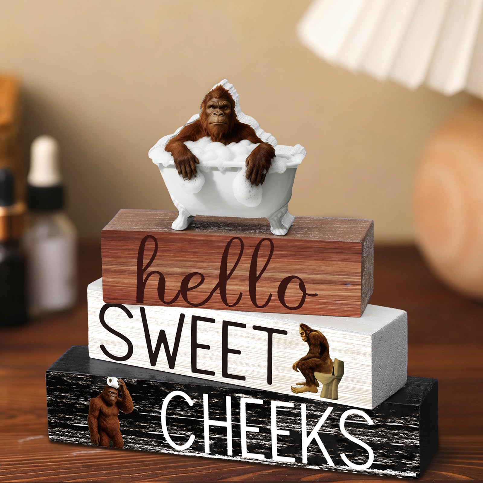 Cinnvoice 4 Pcs Funny Bigfoot Bathroom Decor Farmhouse Sasquatches Bathroom Decoration Western Hello Sweet Cheeks Table Centerpi