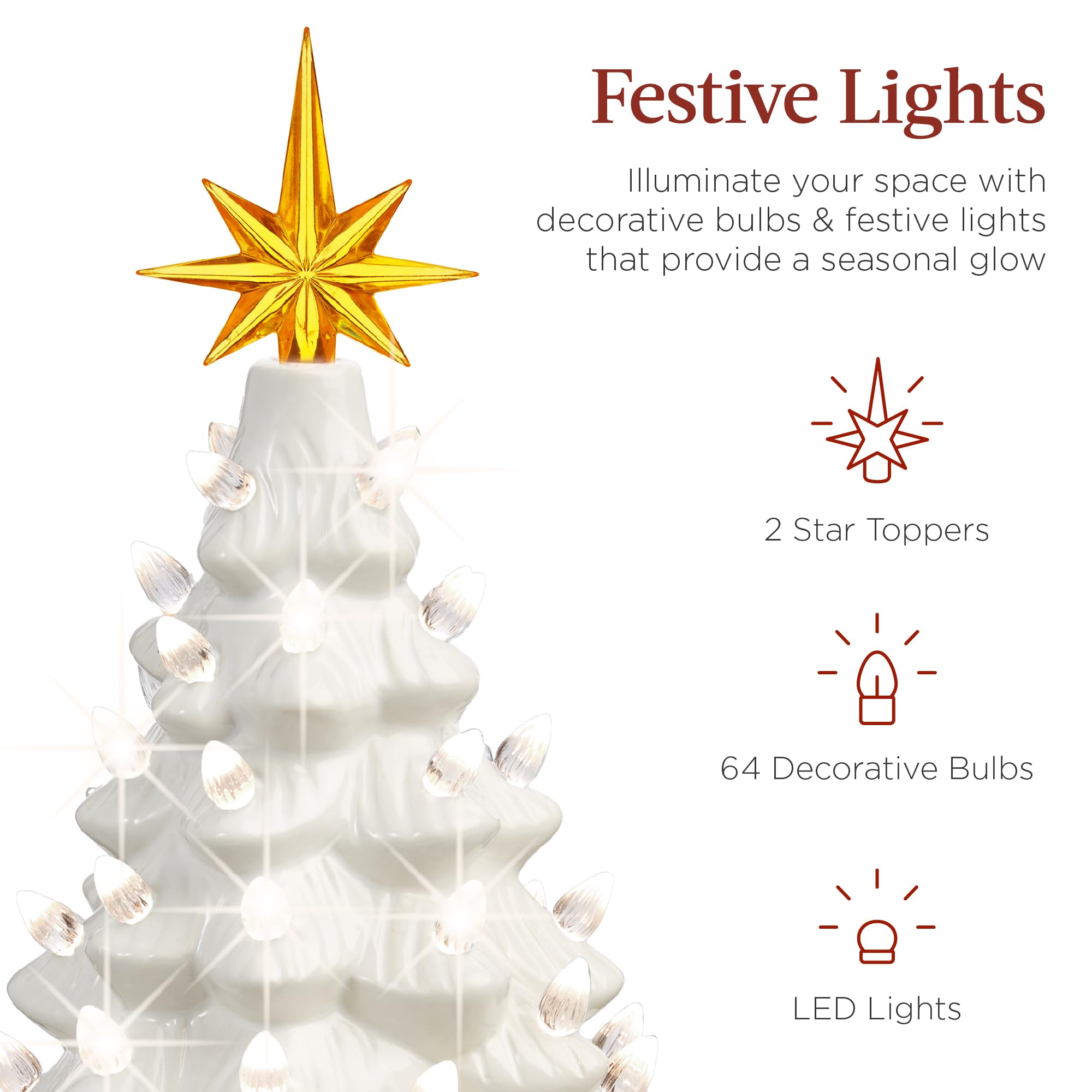 Best Choice Products 15in Ceramic Christmas Tree, Pre-lit Hand-Painted Tabletop Holiday Tree, 2 Star Toppers, 64 Lights - White