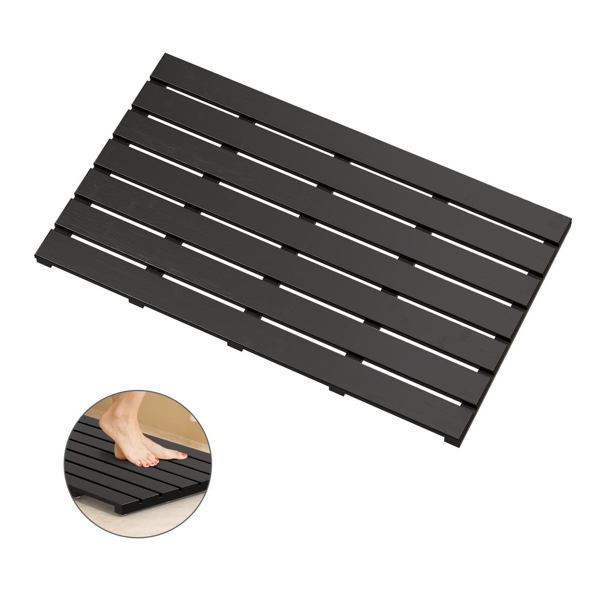 Bamboo Wooden Bath Floor Mat For Luxury Shower - Non-Slip Bathroom Waterproof Carpet For Indoor Or Outdoor Use (Black,31.3 X 18.