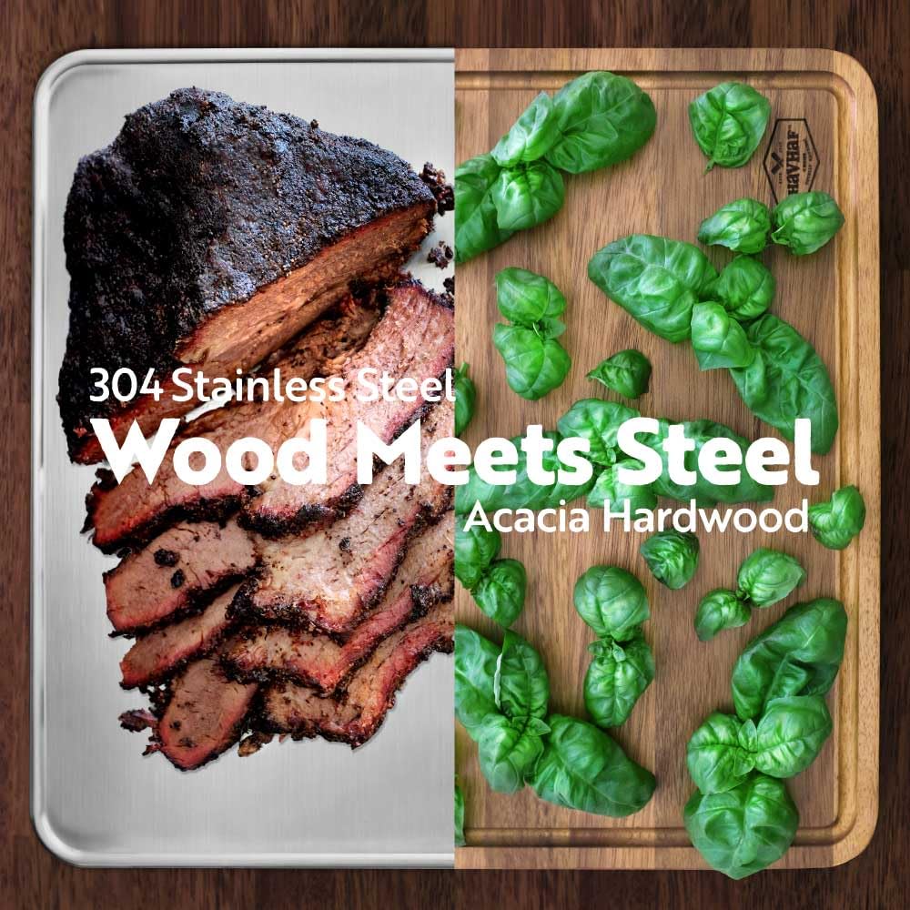 HAVHAF Stainless Steel Cutting Boards For Kitchen With Lip(Wood & Metal, 15x10) - Non Plastic Non Toxic Acacia Wooden Double Sid