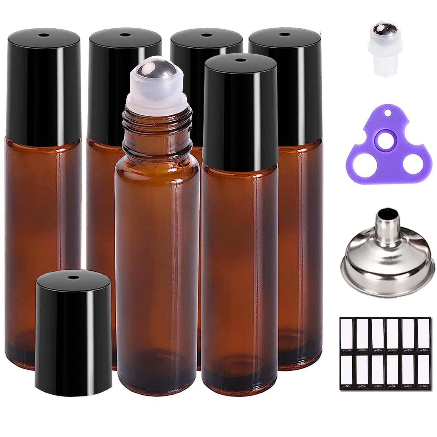 Prettycare Roller Bottles For Oils 10 Ml (Amber Glass, 6 Pack, 1 Extra Stainless Steel Balls, 12 Labels, 1 Opener, 1 Funnels Ess