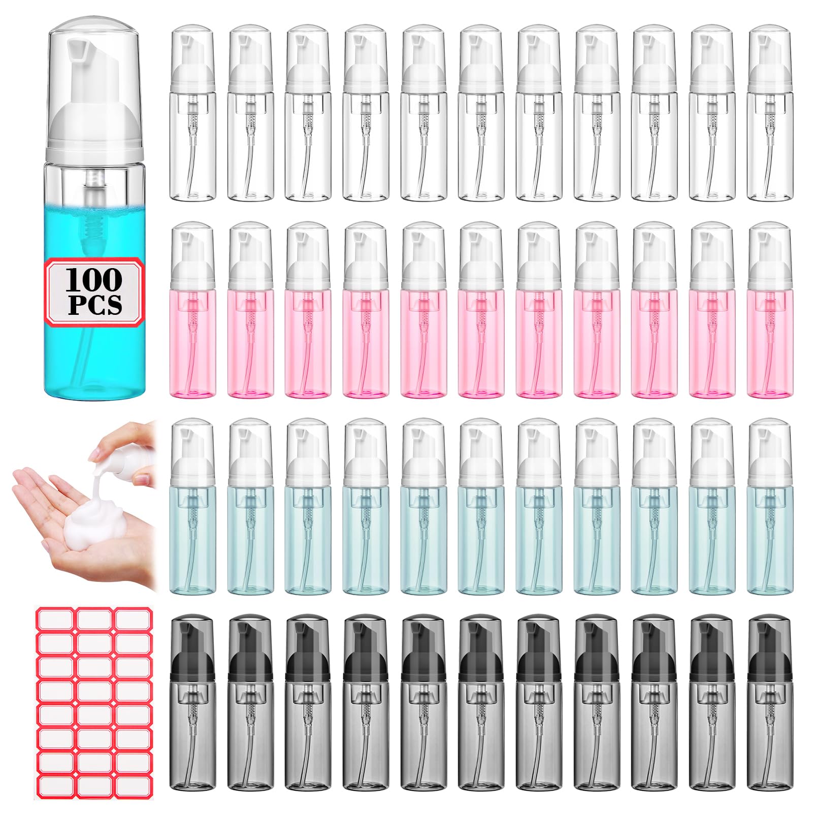 AMORIX 100 Pcs 2 oz Plastic Foam Pump Bottle Refillable 60ml Travel Mousse Foaming Soap Dispenser Mini Eyelash Cleaning Foam Bot