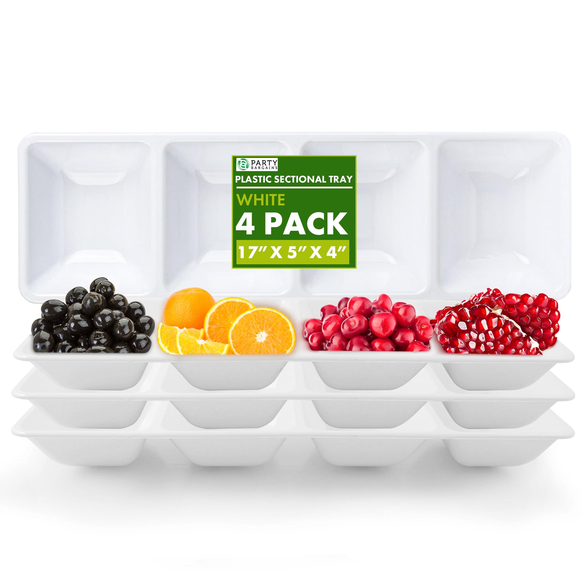 Party Bargains Disposable Sectional Rectangular Serving Tray White [4 Pack] 5 X 16 Inches. 4 Compartments Plastic Serving Tray F