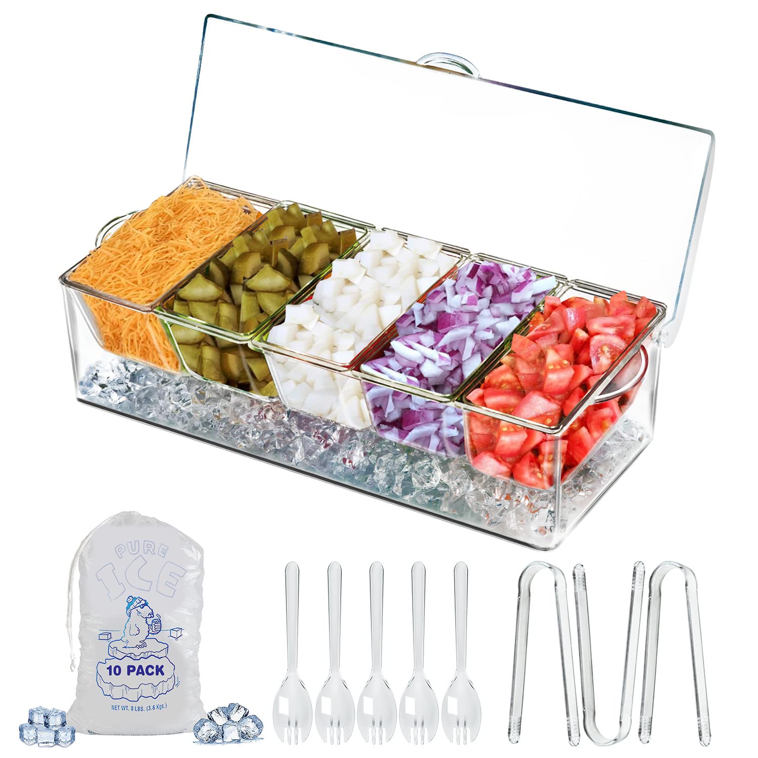 Limoeasy Chilled Condiment Server, Clear Garnish Tray With Lid For Bar For Parties With 5 Removable Compartments, Ice Serving Bo