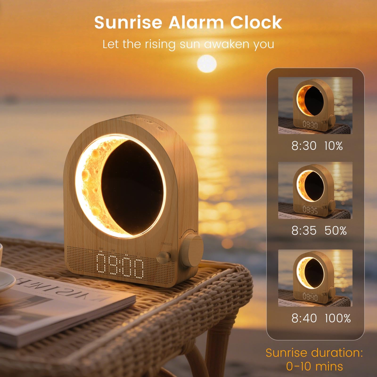 Epochleno Sunrise Alarm Clock, White Noise Machine & Meteor Moonlight - 10 Soothing Sounds, Dual Alarms, 30/60/90min Timer, Easy