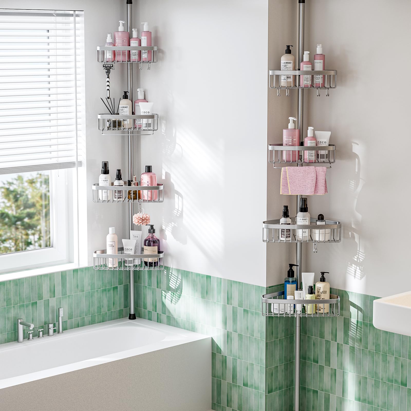 Esseme Corner Shower Caddy Tension Pole: Adjustable Rustproof 4-Tier Inside Bathroom Organizer - 47-121 Inch Quick Installation