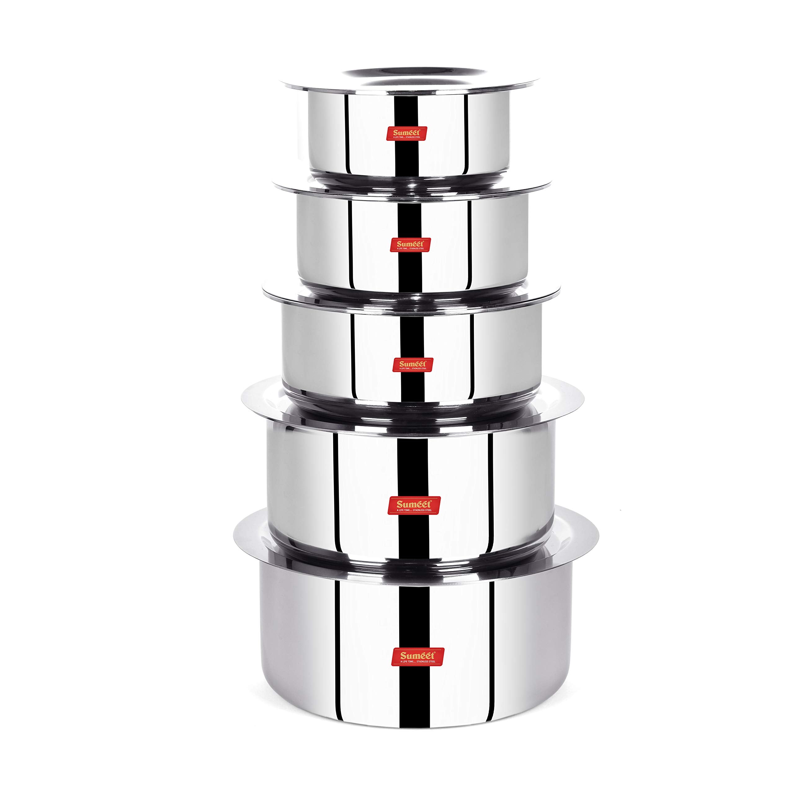 Sumeet Cook Smart TriPly Steel-Aluminium-Steel - 3 Layers Tope Set of 5Pcs with Lid - No. 14 (1.1 LTR  14Cm)  No. 16 (1.6Ltr  16Cm)  No.18 (2Ltr  18Cm)  No. 20(3Ltr  20Cm)  No.22 (4Ltr  22Cm)