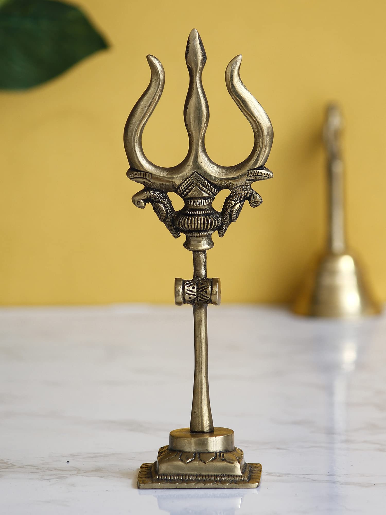 Ecraftindia Golden Brass Handcrafted Trishul With Damru Statue | Trishul For Pooja Mandir Home Temple | Gift For Diwali Housewar